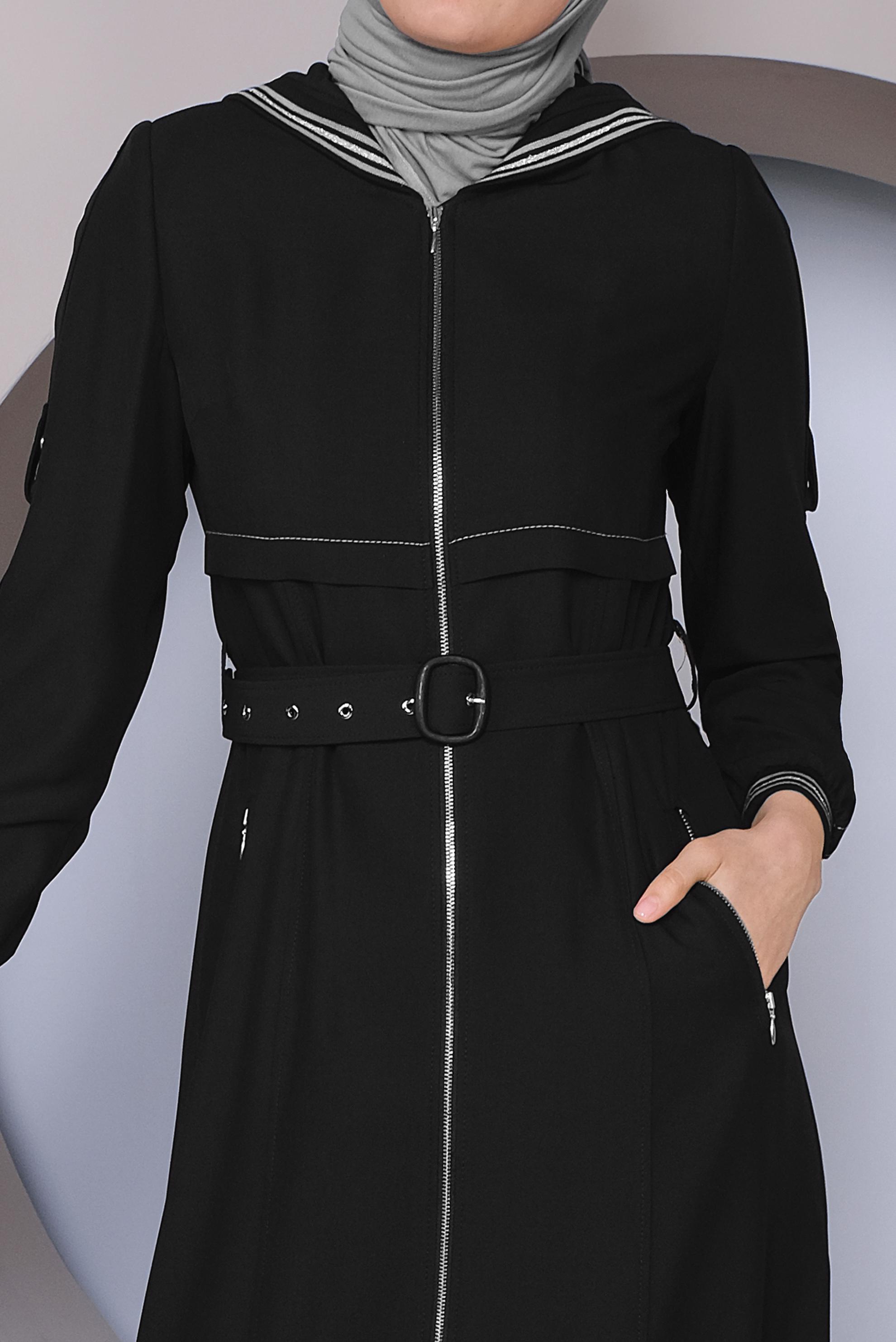 Tesettür giyim SİYAH KAPÜŞONLU KEMERLİ PARDESÜ 10321 