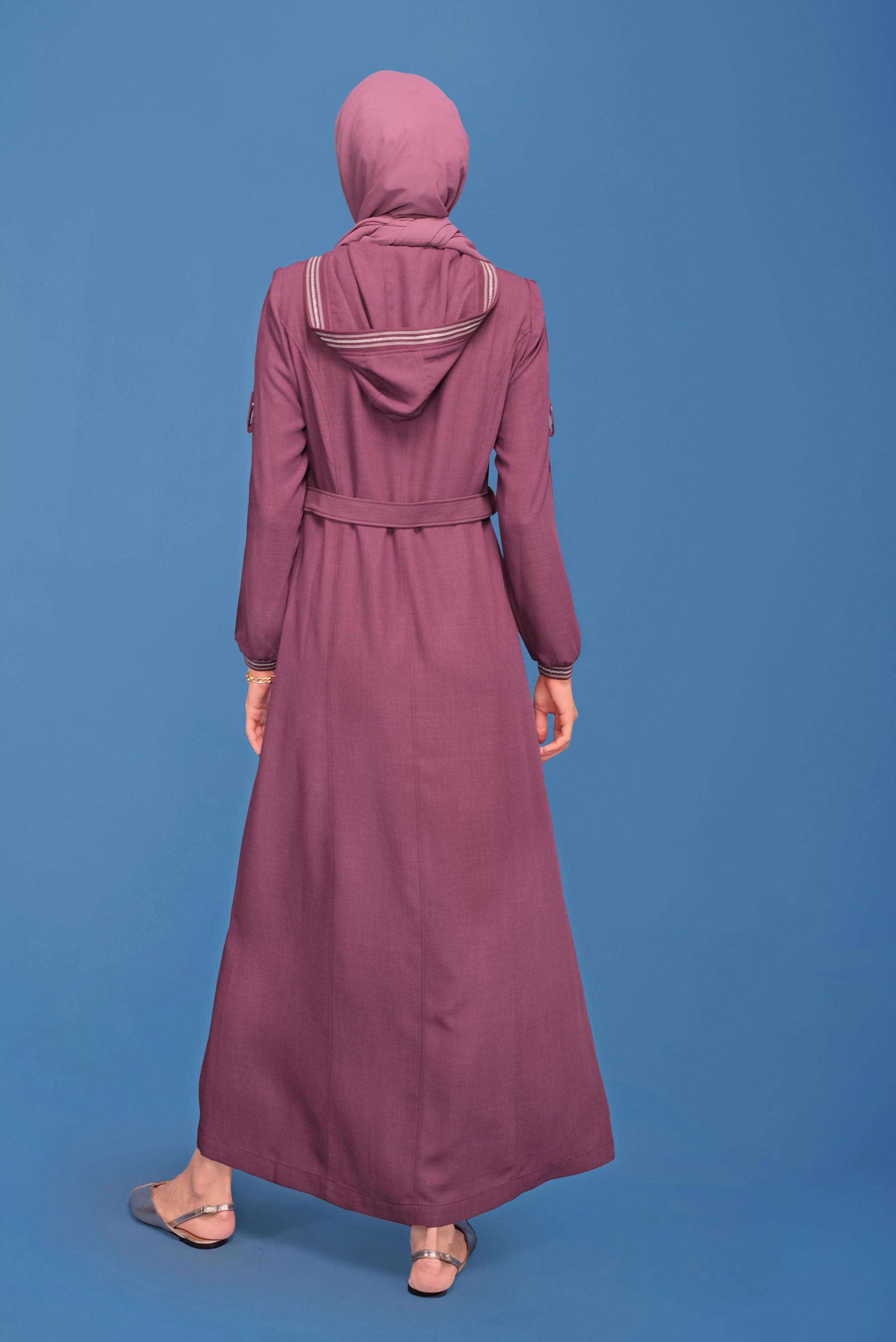 Tesettür giyim PEMBE KAPÜŞONLU KEMERLİ PARDESÜ 10321 