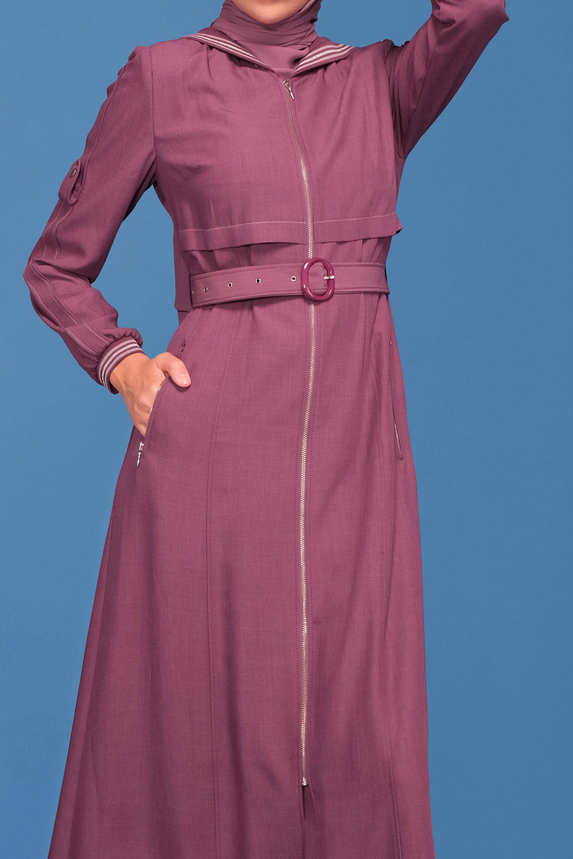 Tesettür giyim PEMBE KAPÜŞONLU KEMERLİ PARDESÜ 10321 