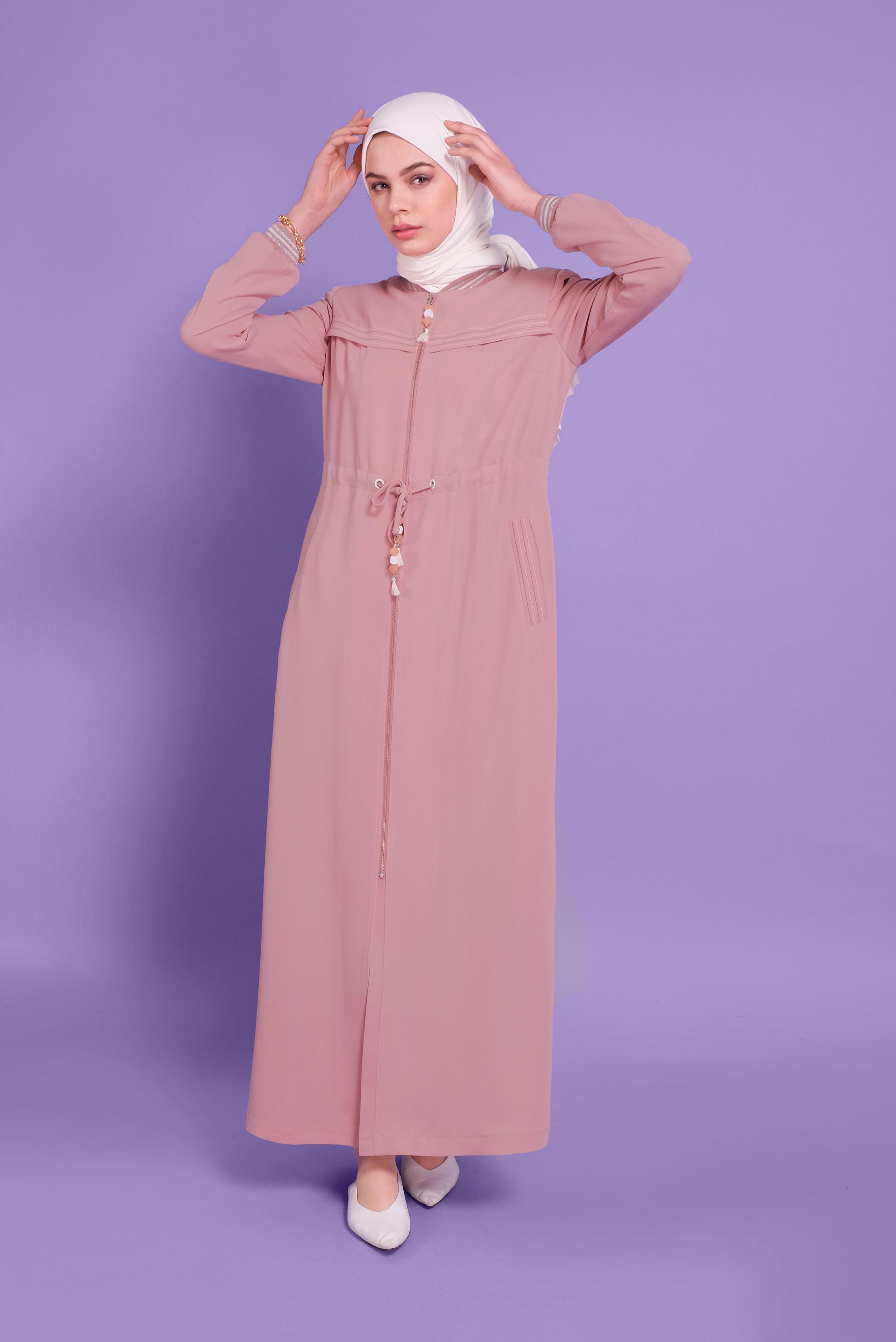 Tesettür giyim PUDRA BAĞCIKLARI BONCUKLU FERMUARLI PARDESÜ 10330 