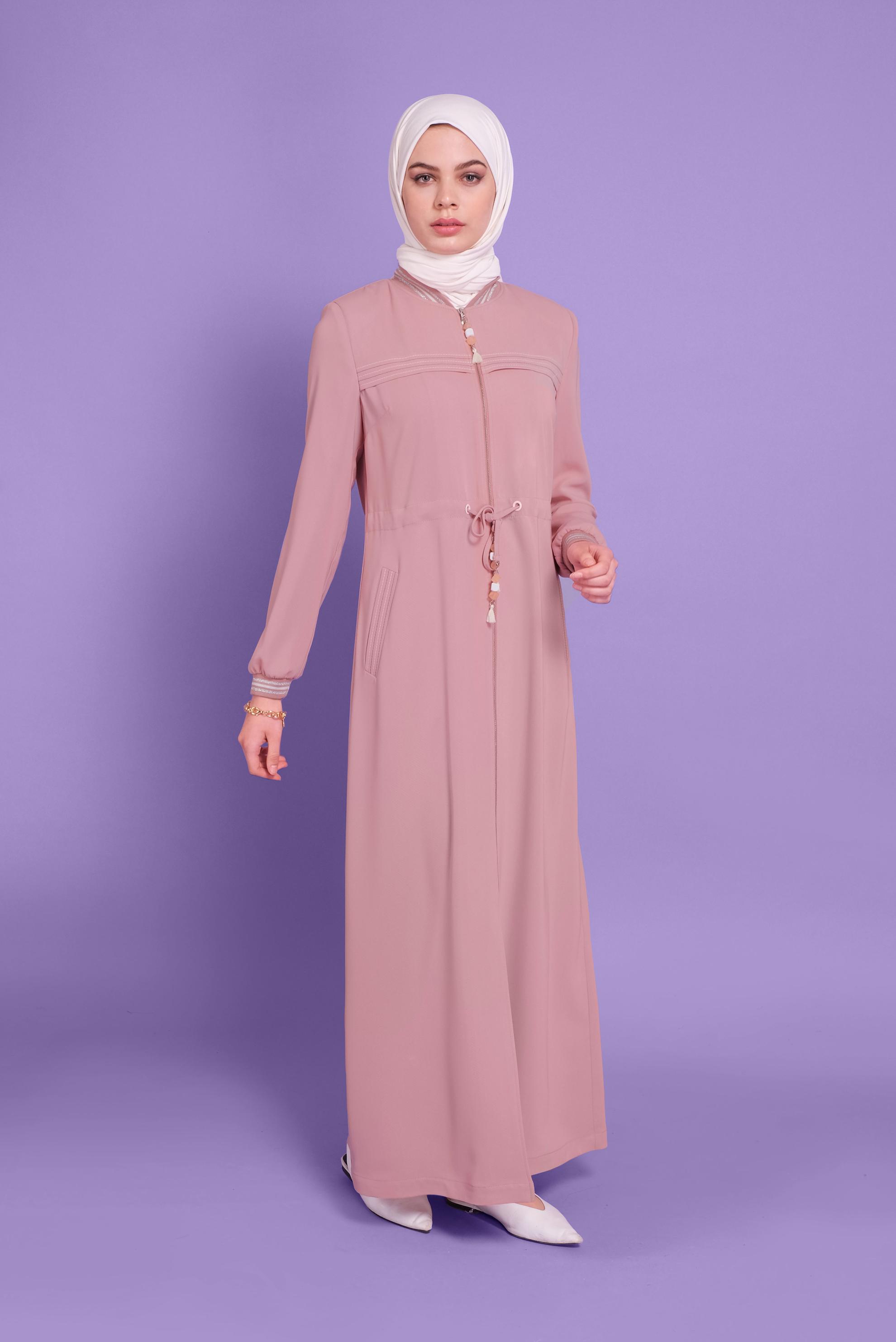 Tesettür giyim PUDRA BAĞCIKLARI BONCUKLU FERMUARLI PARDESÜ 10330 