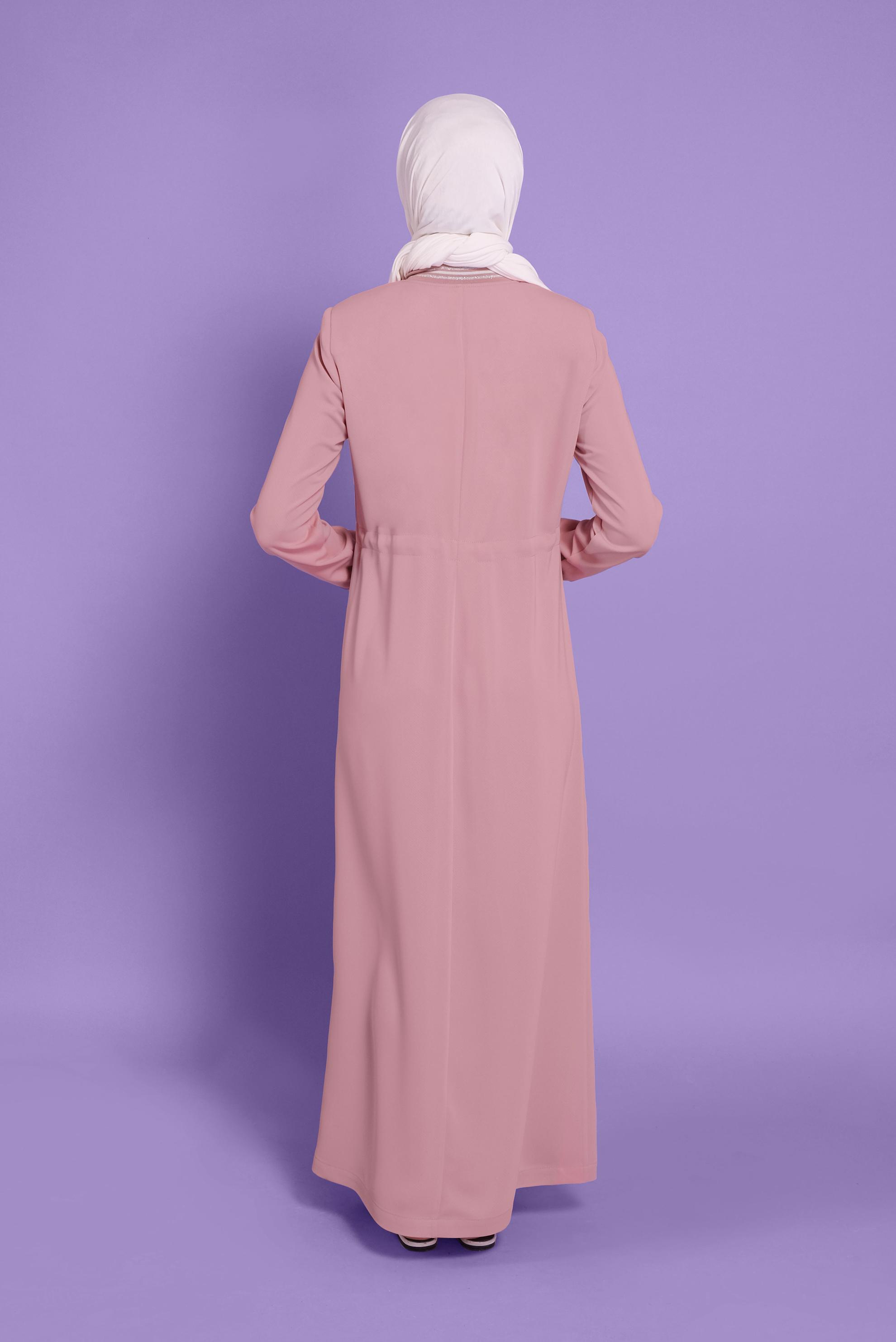 Tesettür giyim PUDRA BAĞCIKLARI BONCUKLU FERMUARLI PARDESÜ 10330 