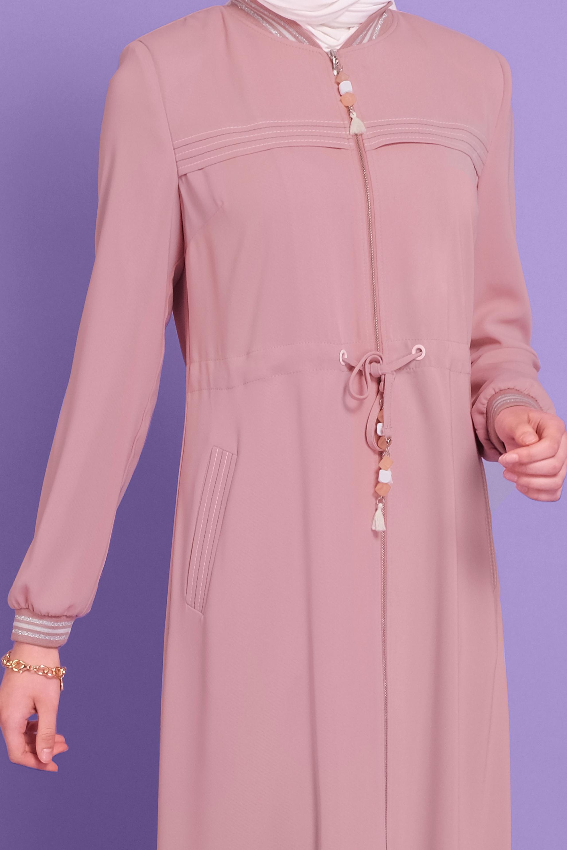 Tesettür giyim PUDRA BAĞCIKLARI BONCUKLU FERMUARLI PARDESÜ 10330 