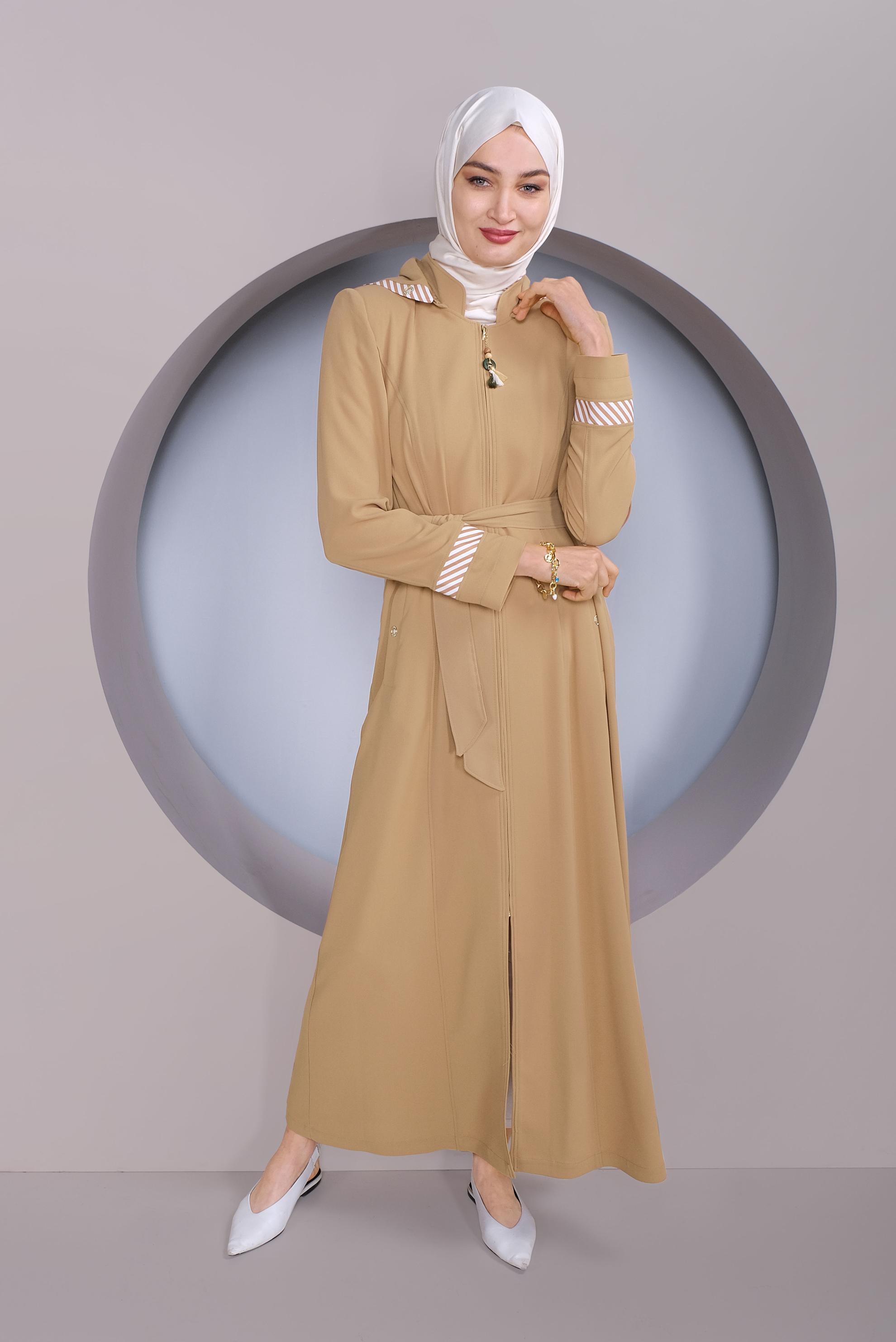 Tesettür giyim KAHVE ŞERİT DETAYLI KAPÜŞONLU PARDESÜ 10331