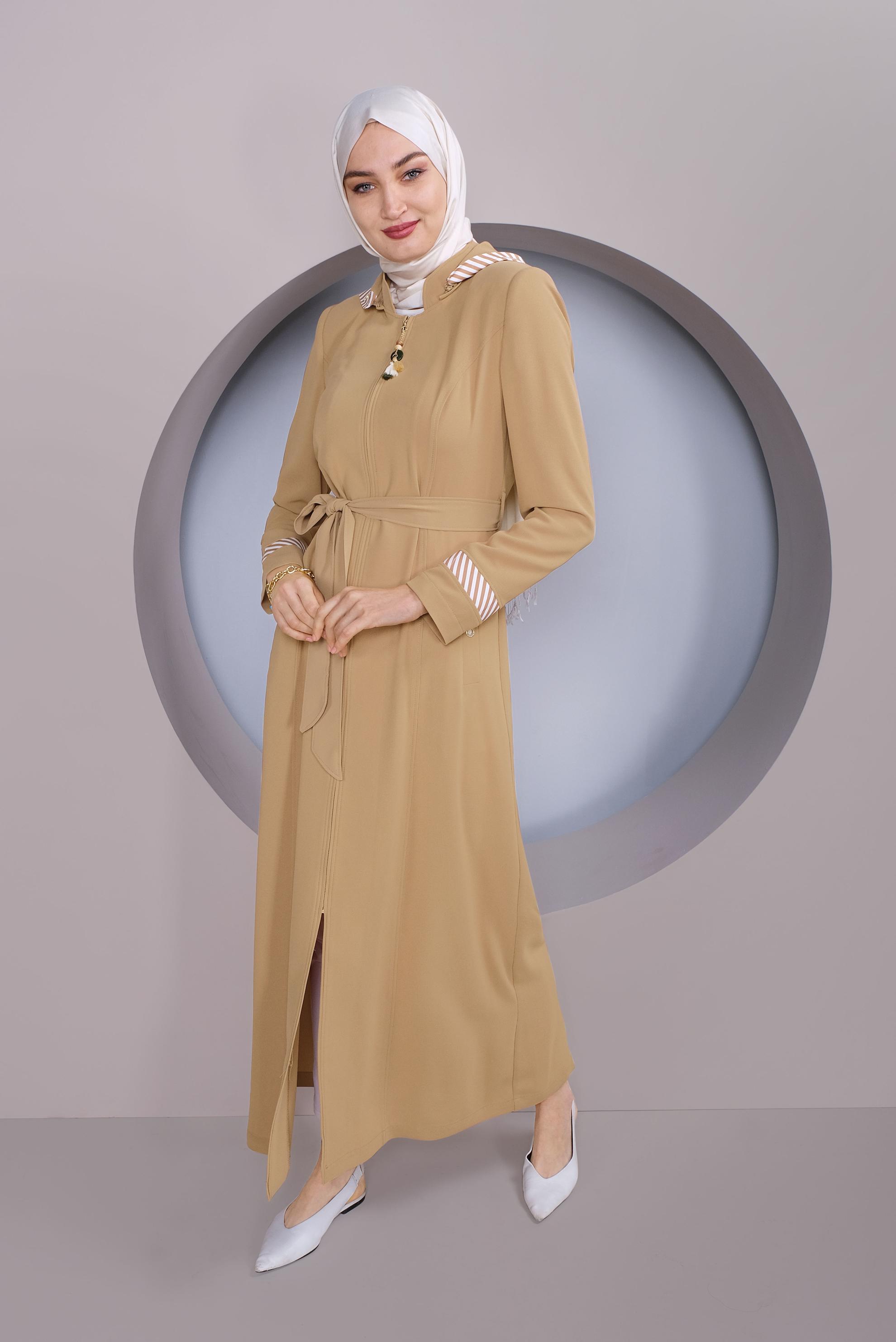 Tesettür giyim KAHVE ŞERİT DETAYLI KAPÜŞONLU PARDESÜ 10331