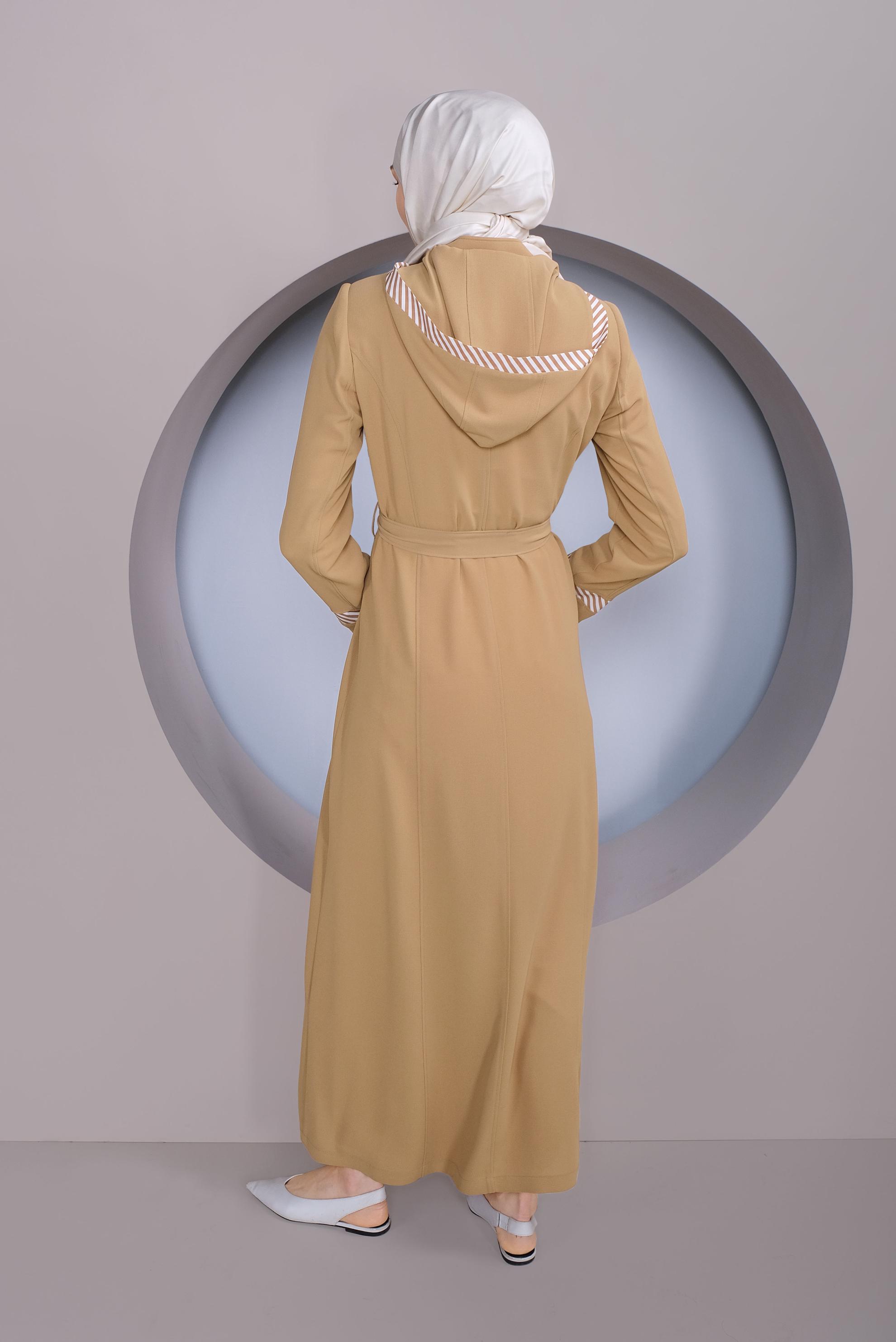 Tesettür giyim KAHVE ŞERİT DETAYLI KAPÜŞONLU PARDESÜ 10331