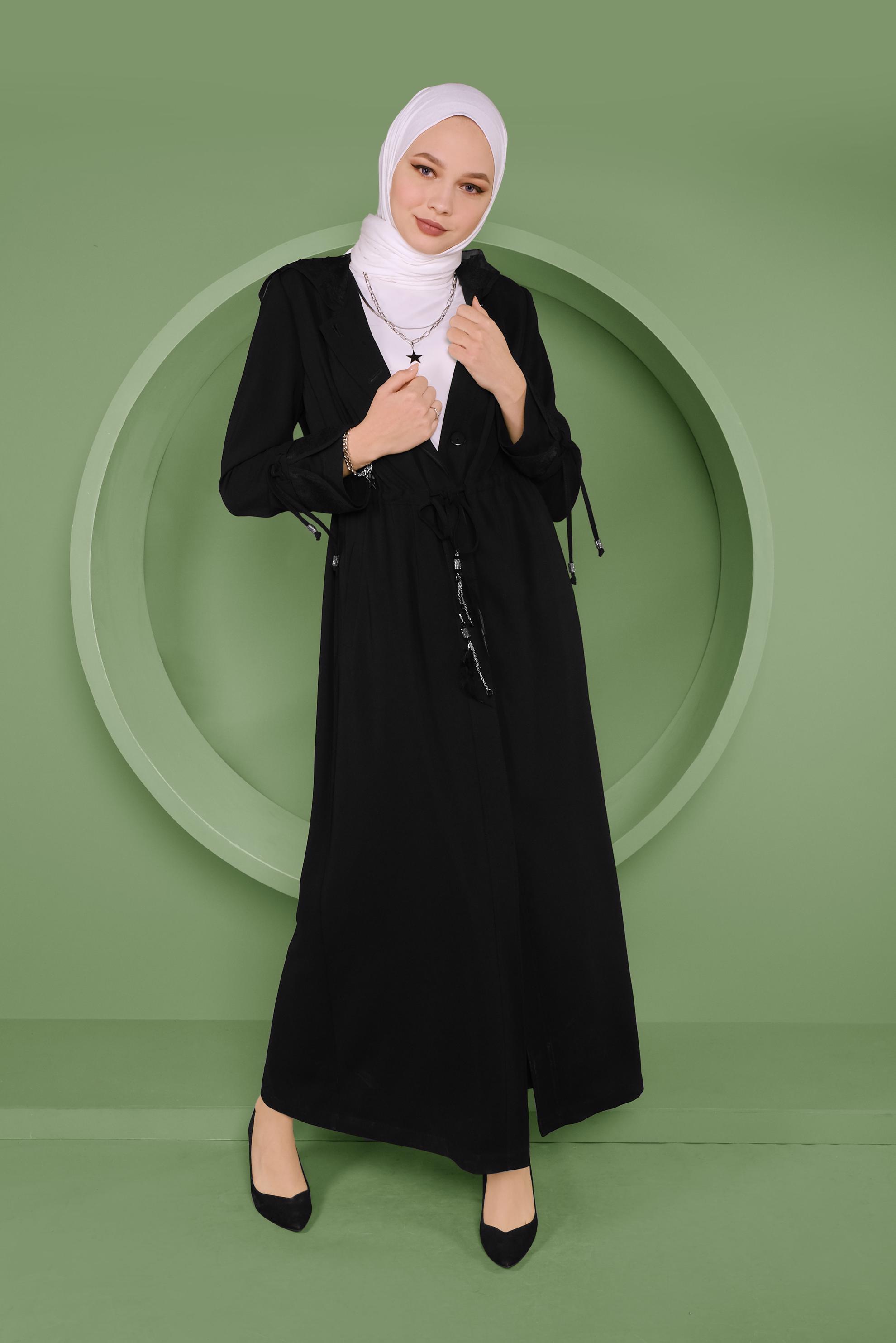 Tesettür giyim SİYAH MANŞETLERİ VE KAPÜŞONU TÜL DETAYLI PARDESÜ 10332