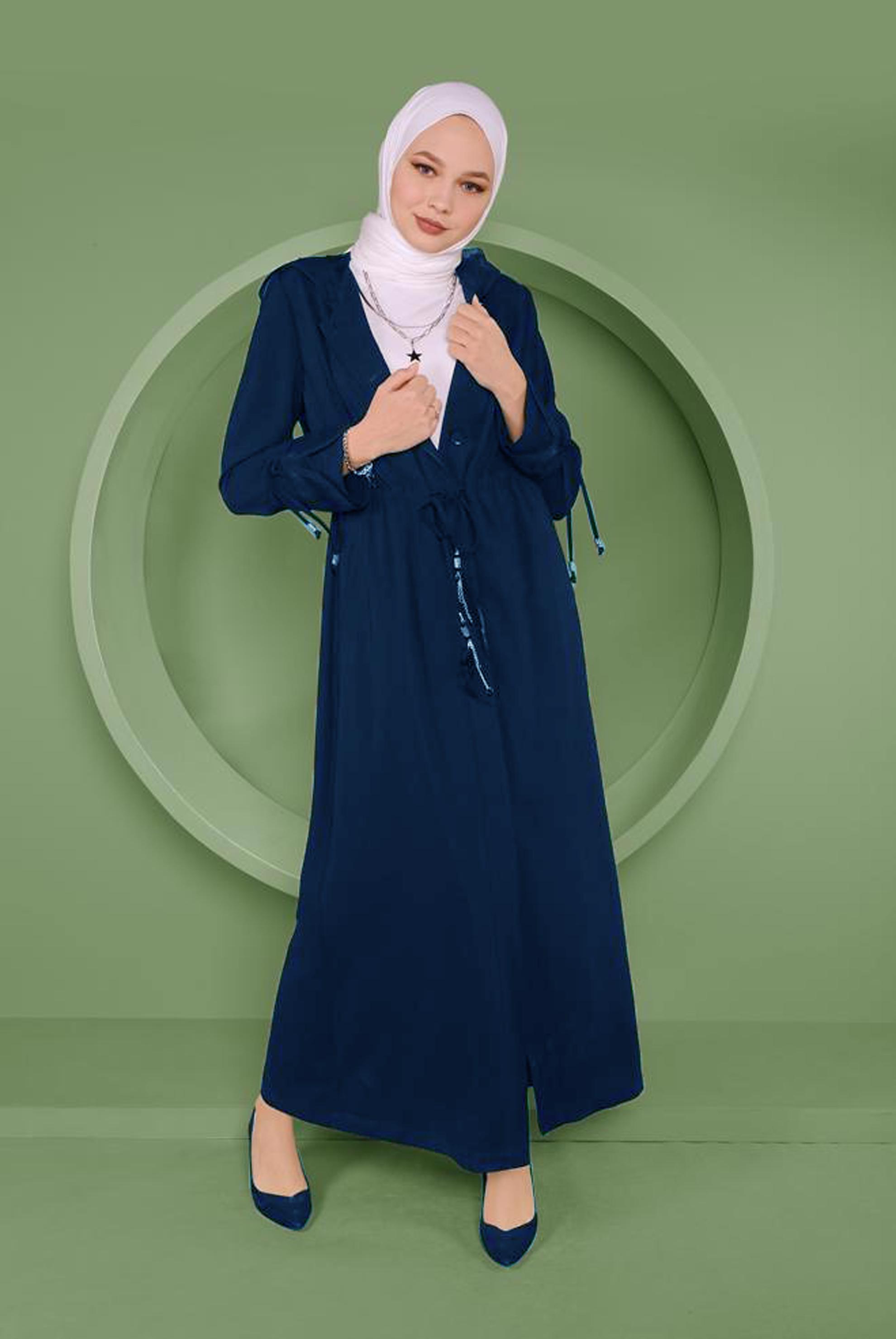 Tesettür giyim LACİVERT MANŞETLERİ VE KAPÜŞONU TÜL DETAYLI PARDESÜ 10332