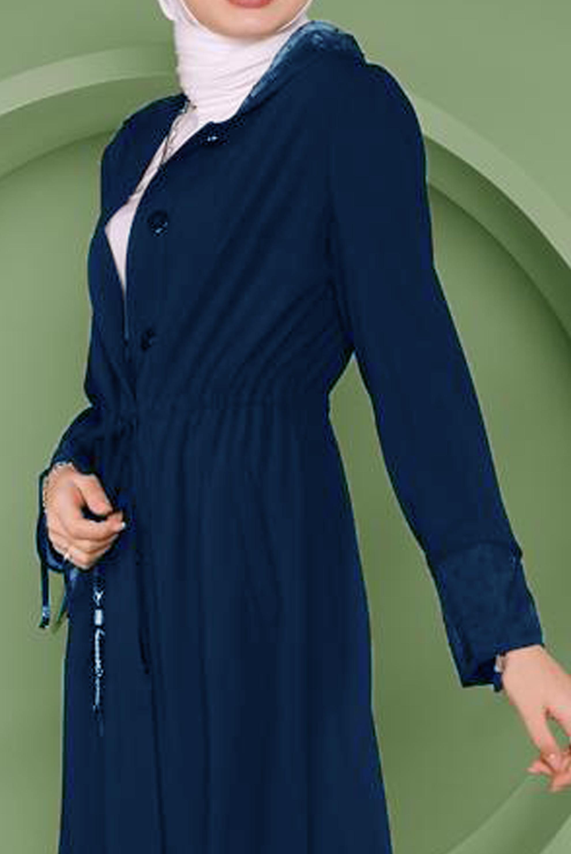 Tesettür giyim LACİVERT MANŞETLERİ VE KAPÜŞONU TÜL DETAYLI PARDESÜ 10332