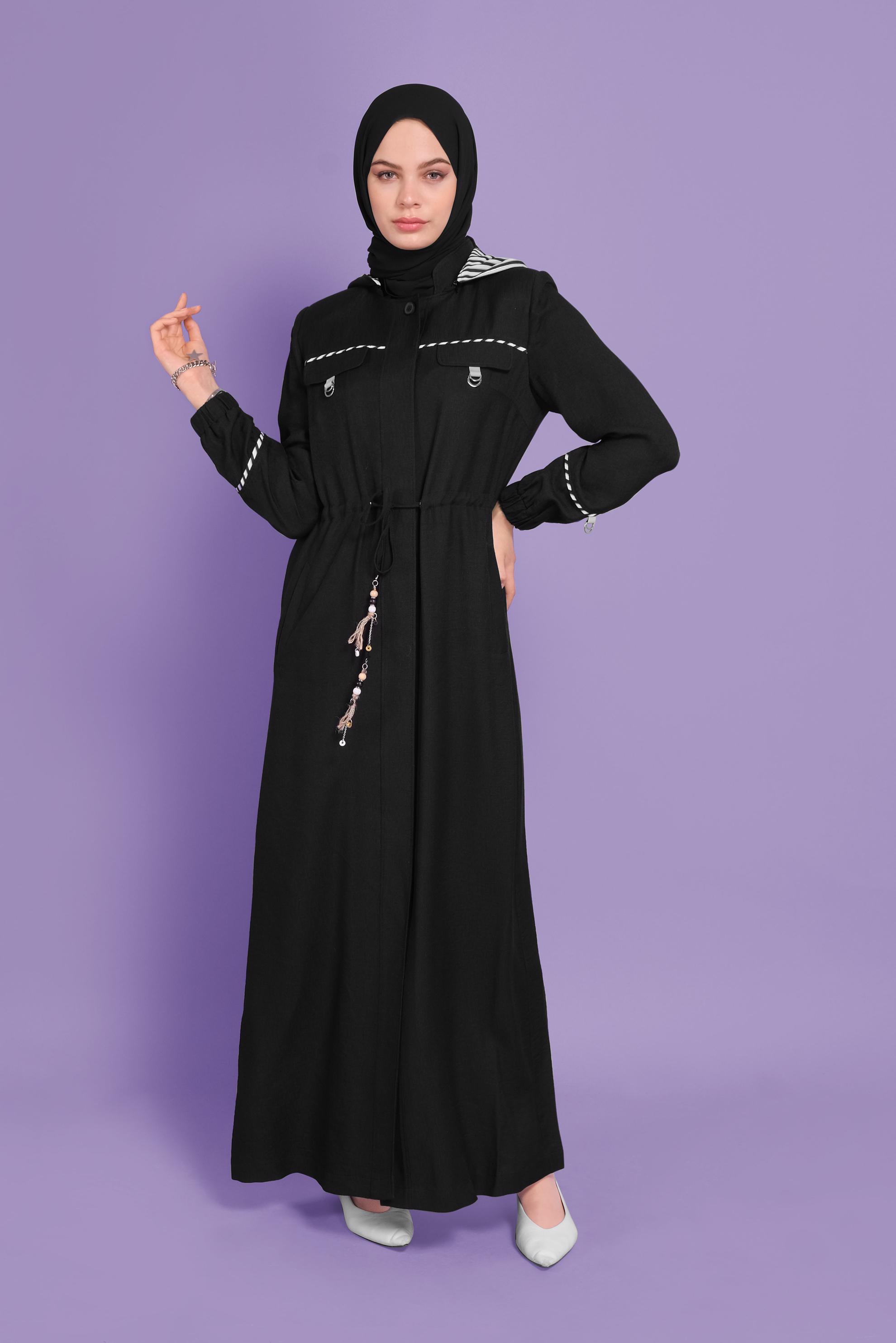 Tesettür giyim SİYAH  BONCUK AKSESUARLI  ÇİZGİLİ PARDESÜ  10339 