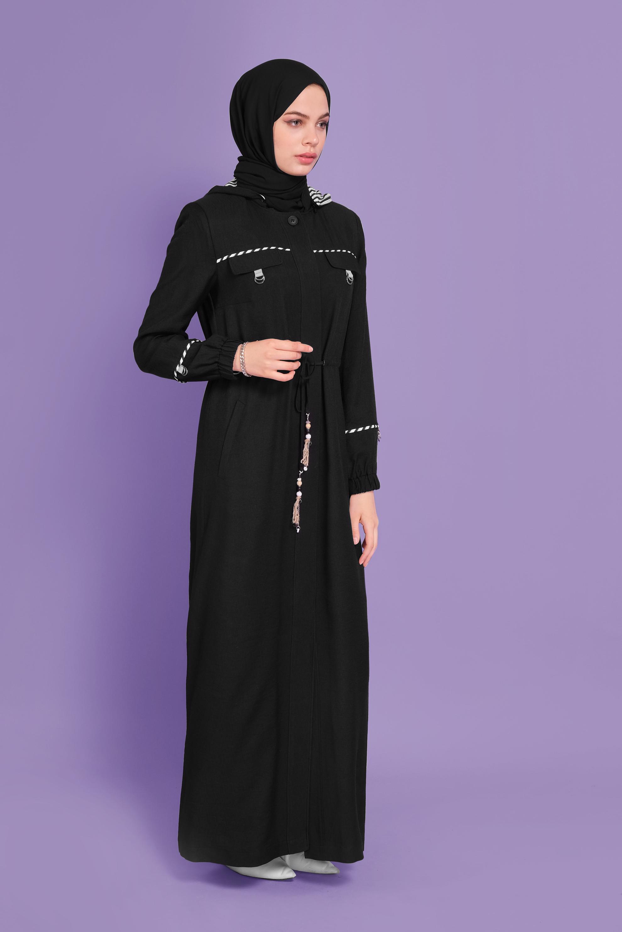 Tesettür giyim SİYAH  BONCUK AKSESUARLI  ÇİZGİLİ PARDESÜ  10339 