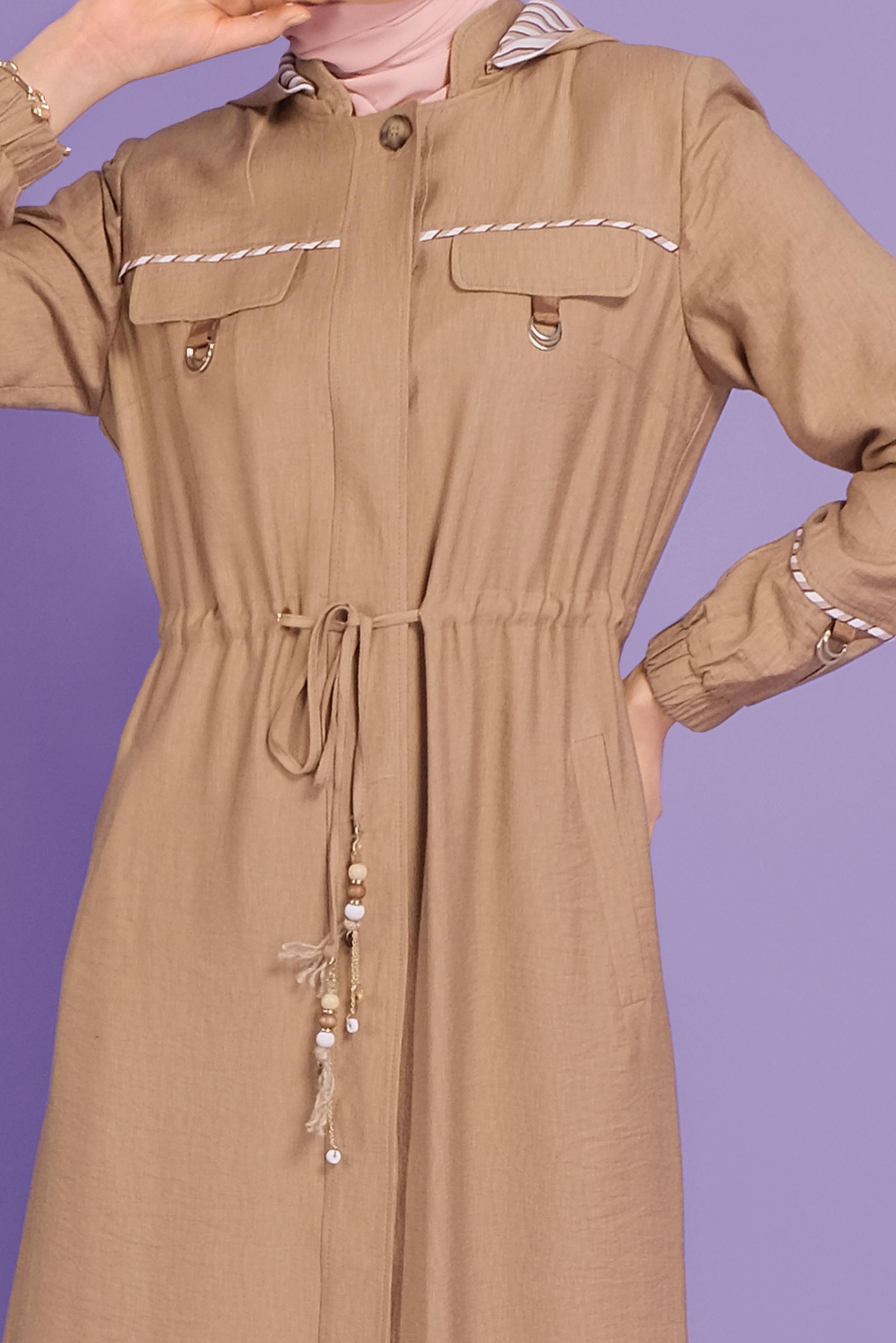 Tesettür giyim KAHVE  BONCUK AKSESUARLI  ÇİZGİLİ PARDESÜ  10339 