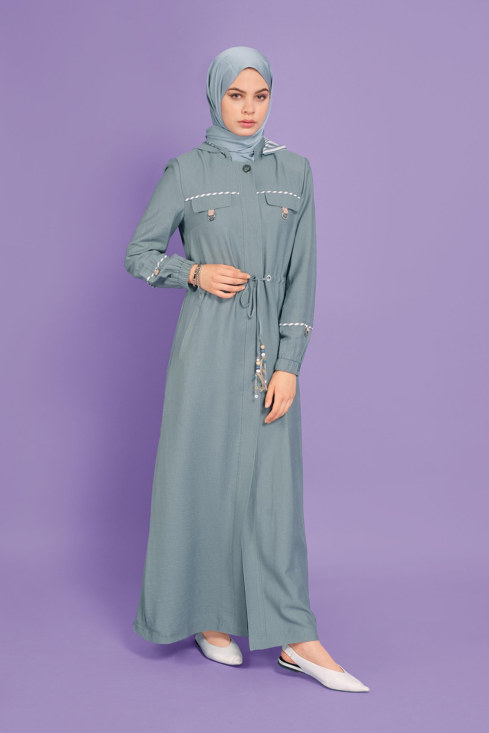 Tesettür giyim YEŞİL  BONCUK AKSESUARLI  ÇİZGİLİ PARDESÜ  10339 