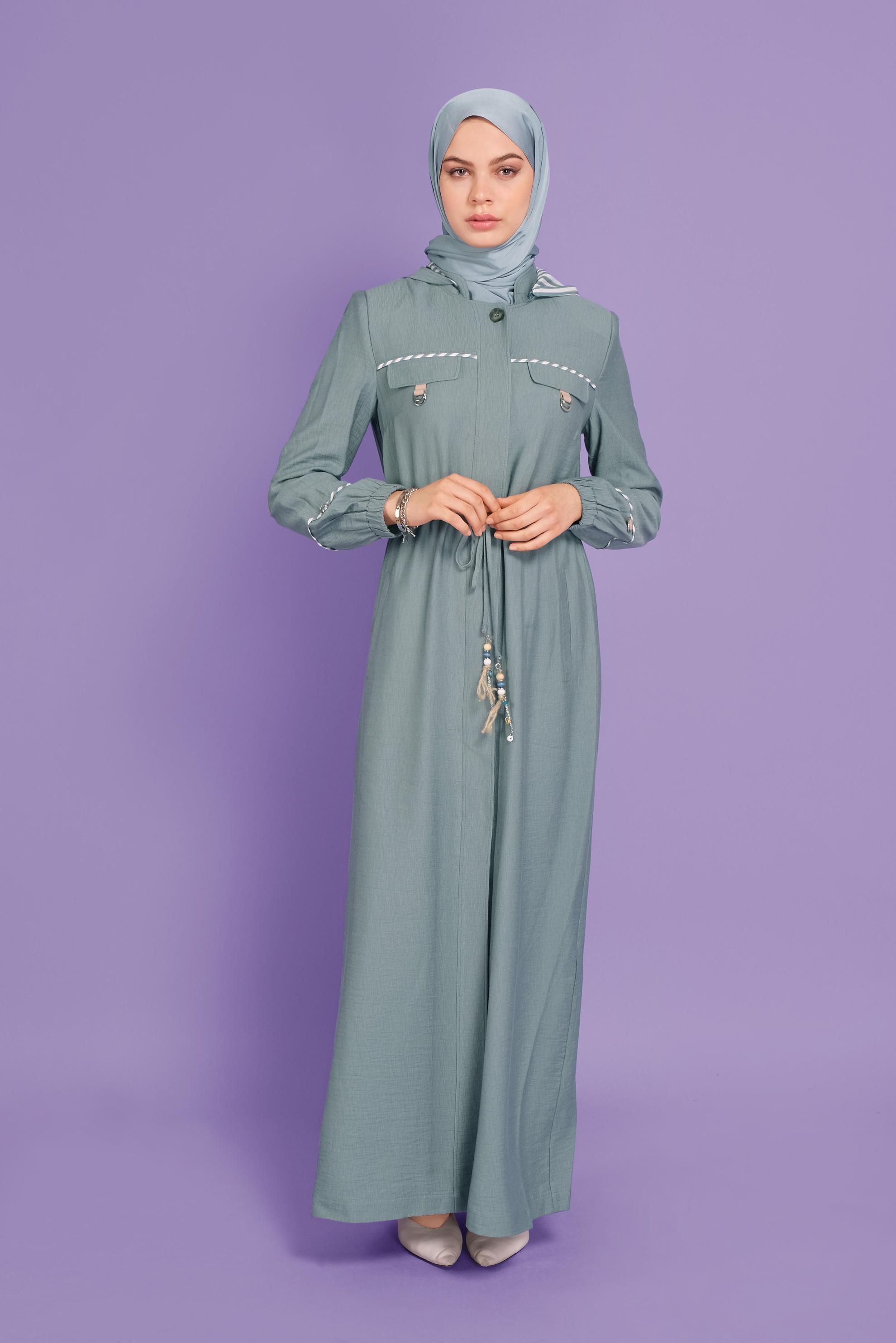 Tesettür giyim YEŞİL  BONCUK AKSESUARLI  ÇİZGİLİ PARDESÜ  10339 