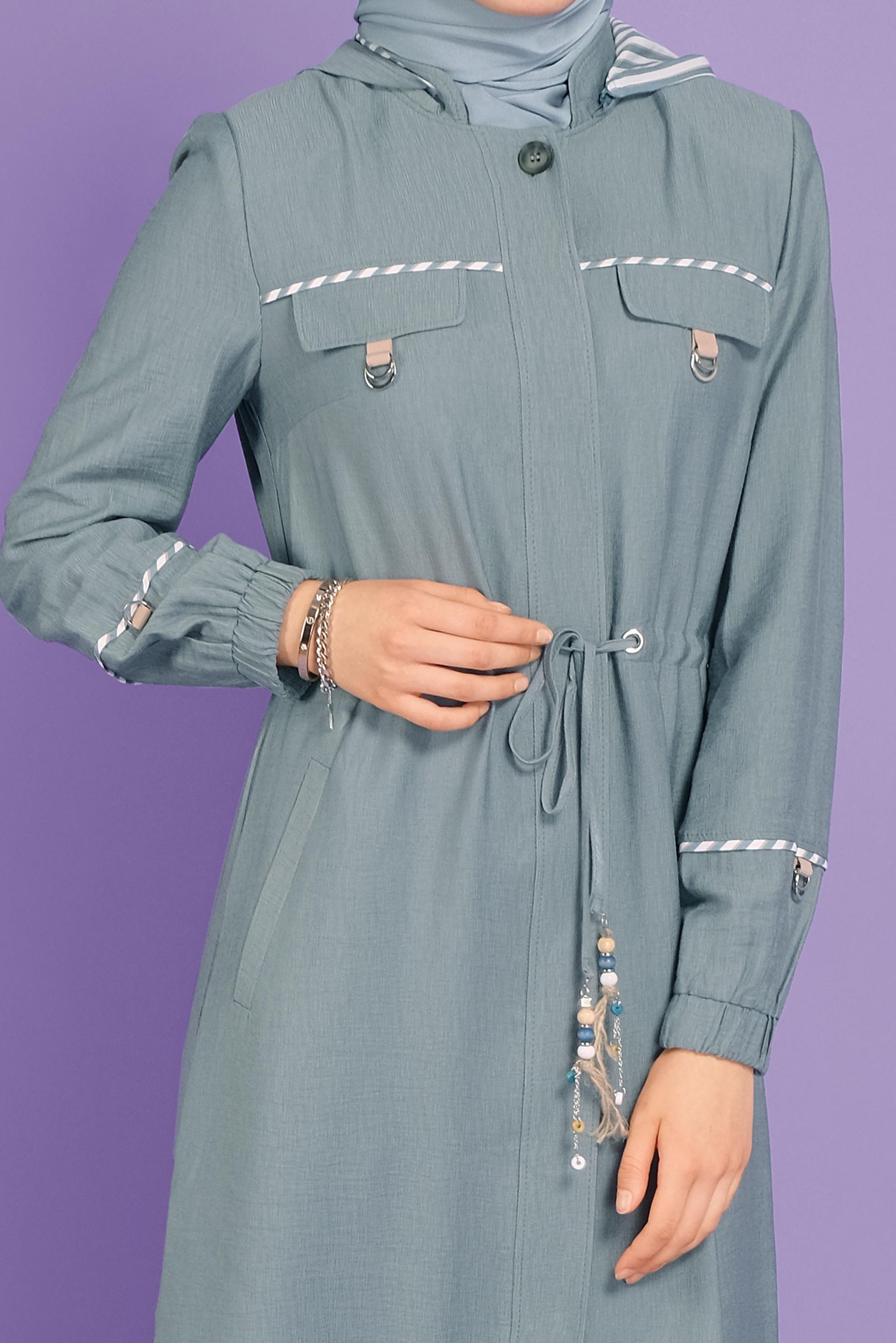 Tesettür giyim YEŞİL  BONCUK AKSESUARLI  ÇİZGİLİ PARDESÜ  10339 