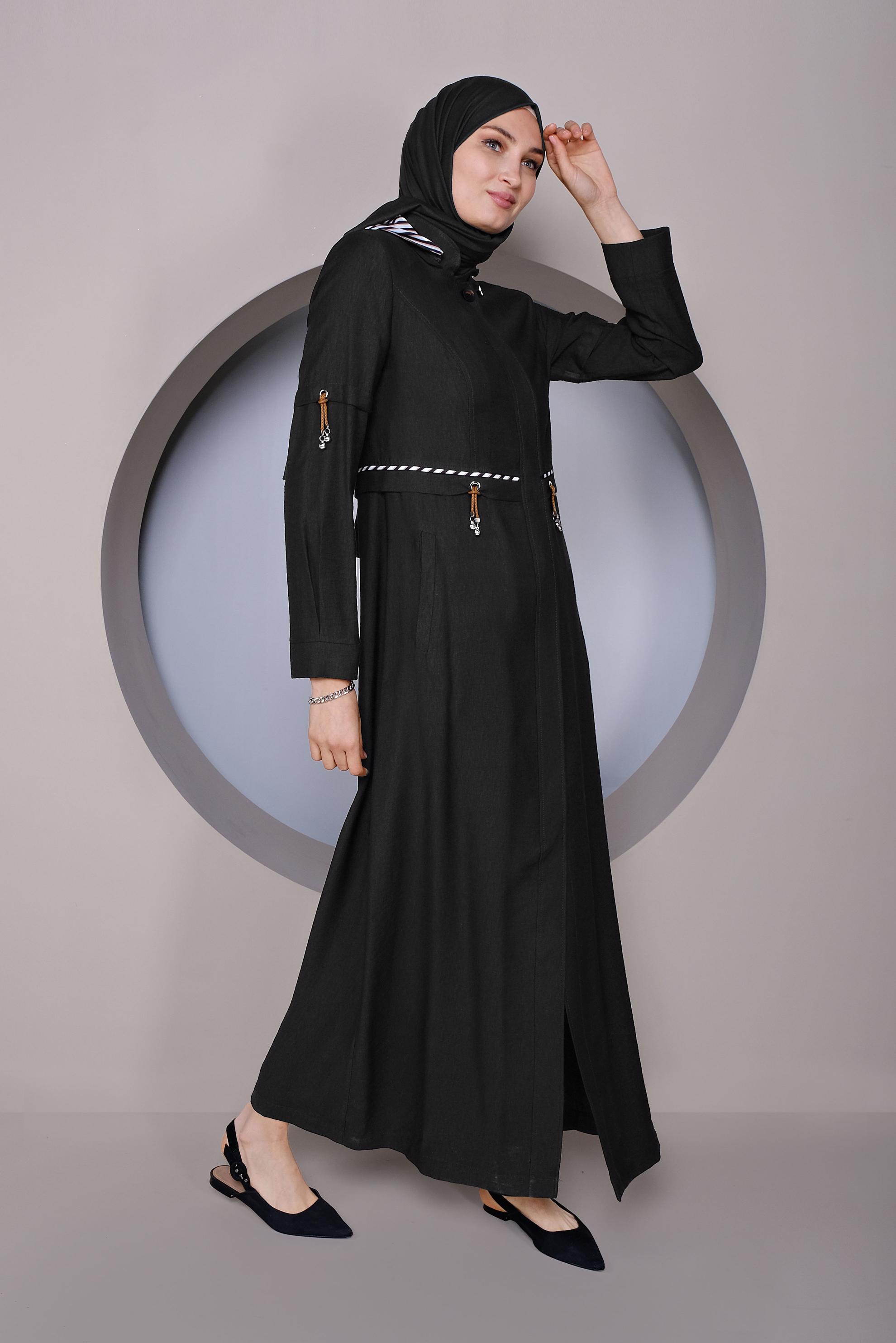 Tesettür giyim SİYAH BAĞCIK DETAYLI KAPÜŞONLU PARDESÜ 10341 