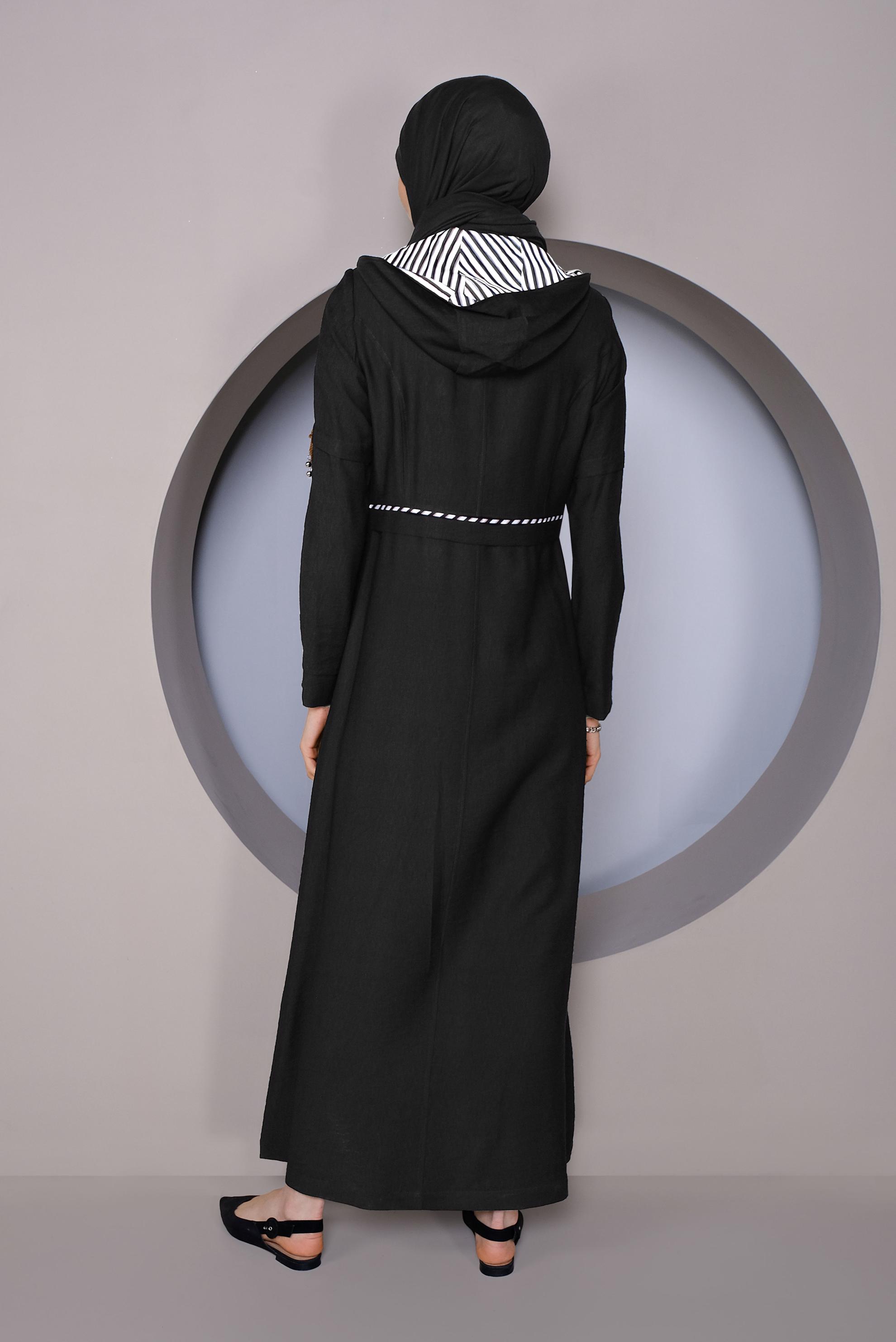 Tesettür giyim SİYAH BAĞCIK DETAYLI KAPÜŞONLU PARDESÜ 10341 