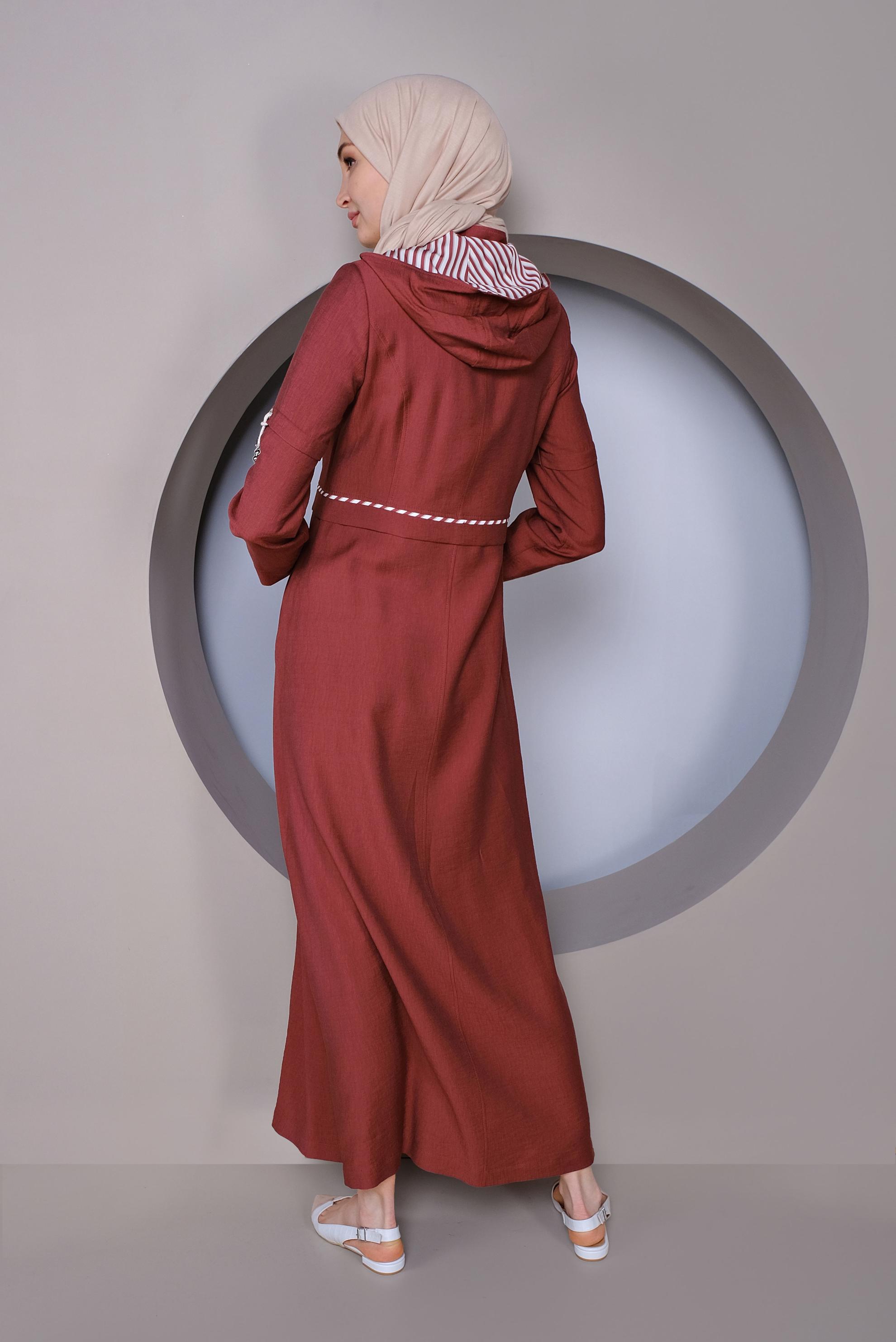 Tesettür giyim BORDO BAĞCIK DETAYLI KAPÜŞONLU PARDESÜ 10341 