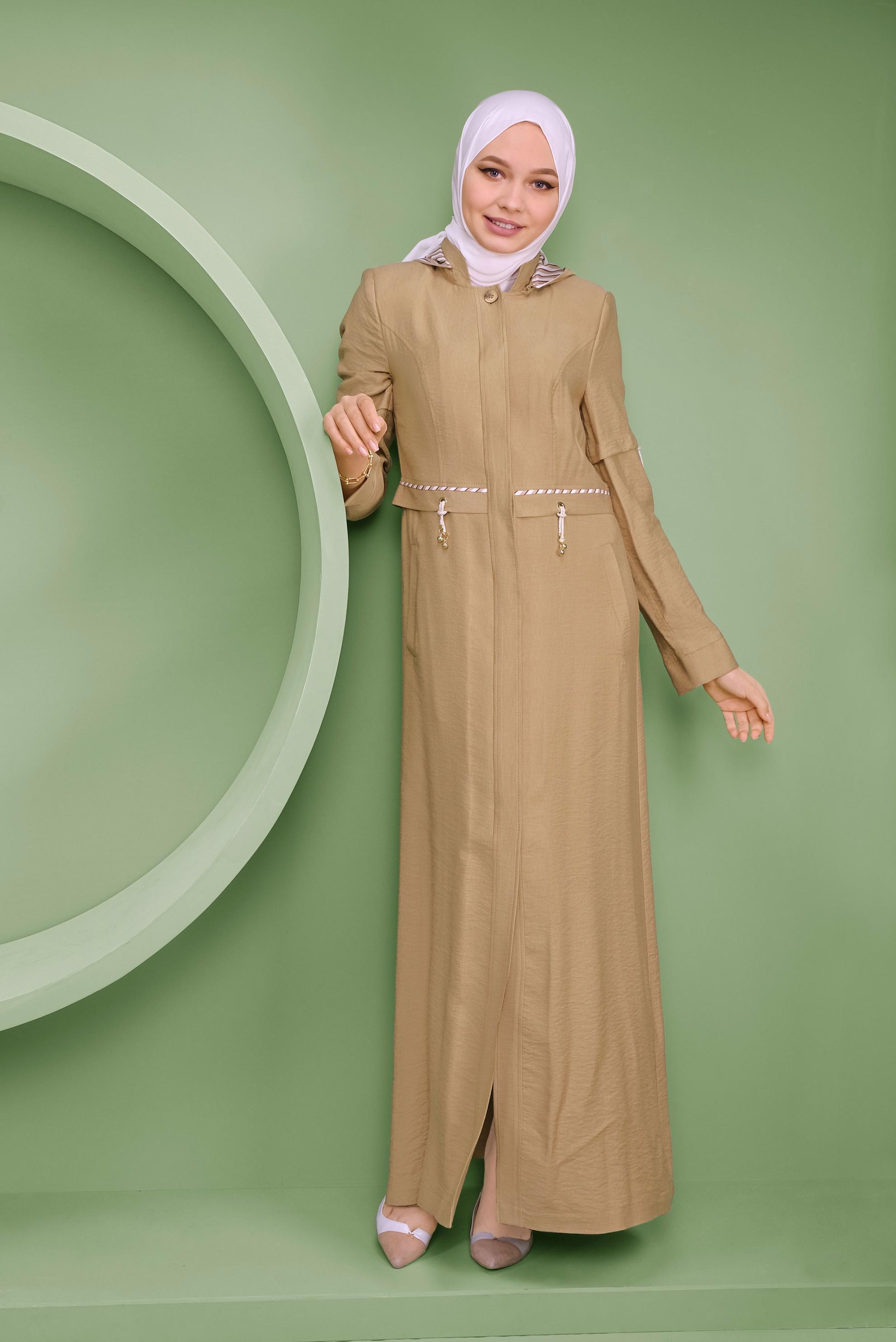 Tesettür giyim KAHVE BAĞCIK DETAYLI KAPÜŞONLU PARDESÜ 10341 