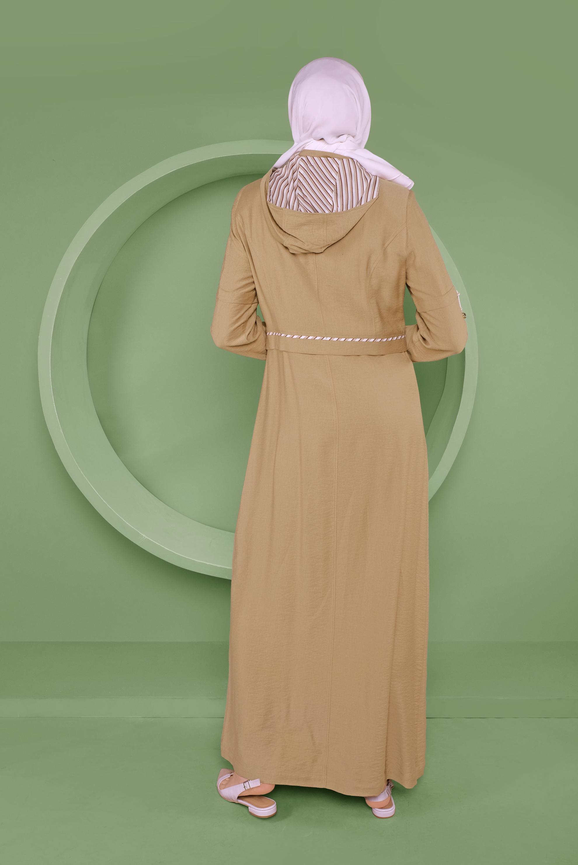 Tesettür giyim KAHVE BAĞCIK DETAYLI KAPÜŞONLU PARDESÜ 10341 