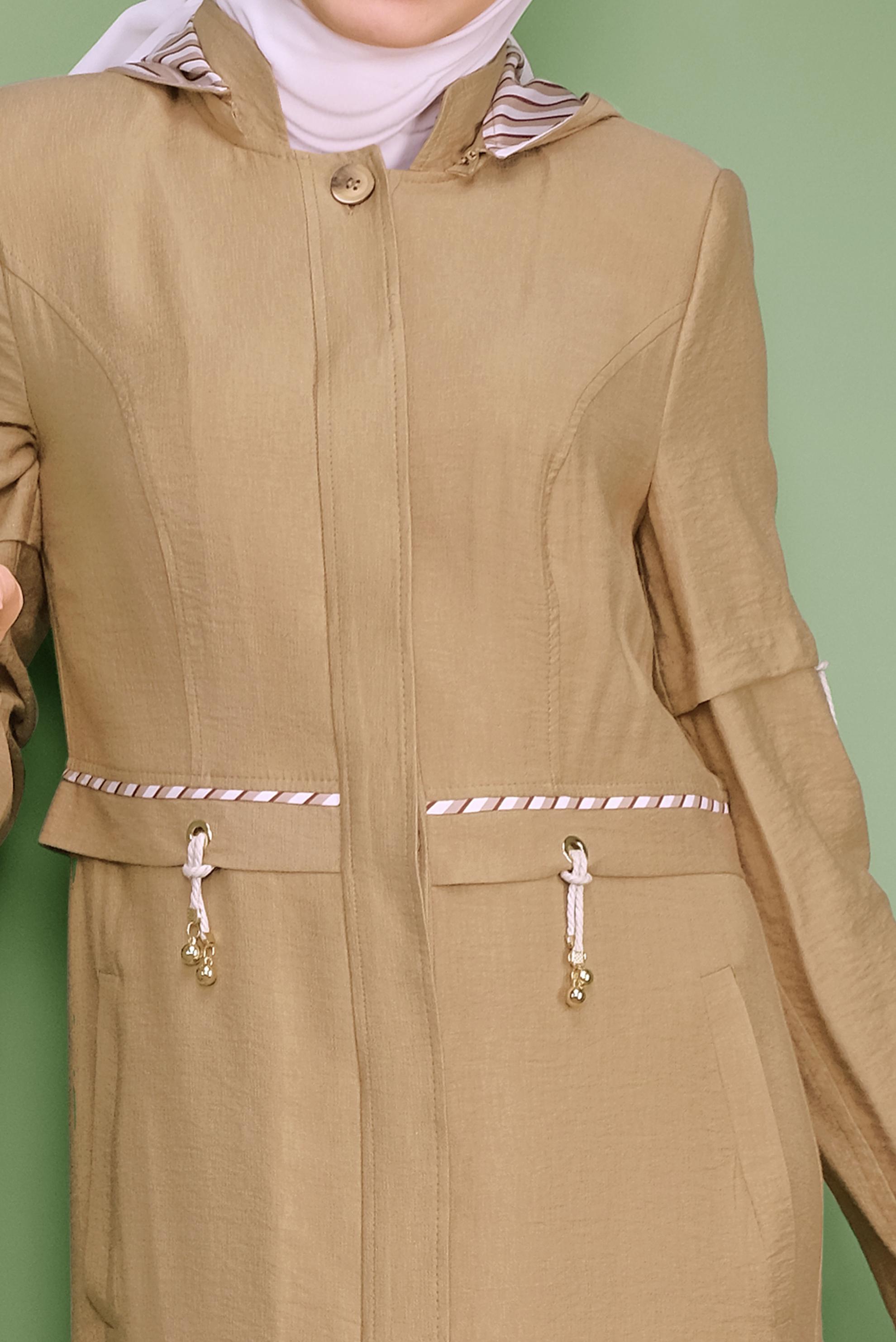 Tesettür giyim KAHVE BAĞCIK DETAYLI KAPÜŞONLU PARDESÜ 10341 