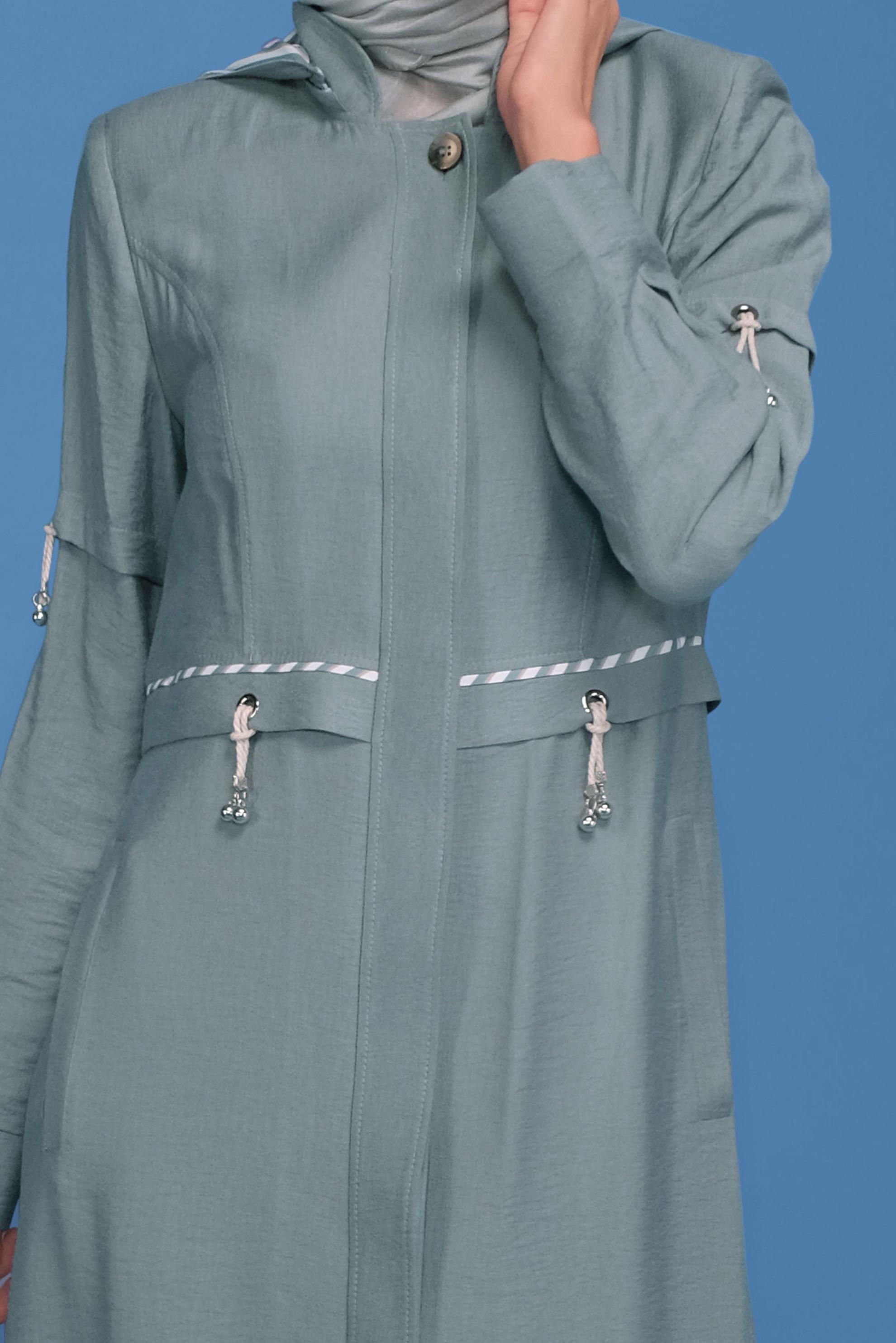 Tesettür giyim YEŞİL BAĞCIK DETAYLI KAPÜŞONLU PARDESÜ 10341 