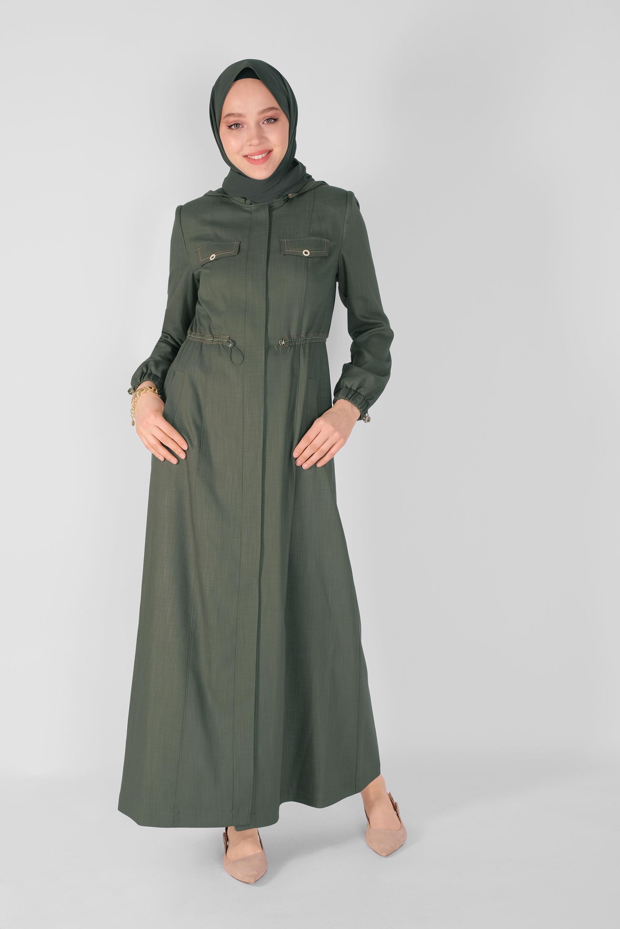 Tesettür giyim HAKİ BELİ BÜZGÜLÜ PARDESÜ 10342