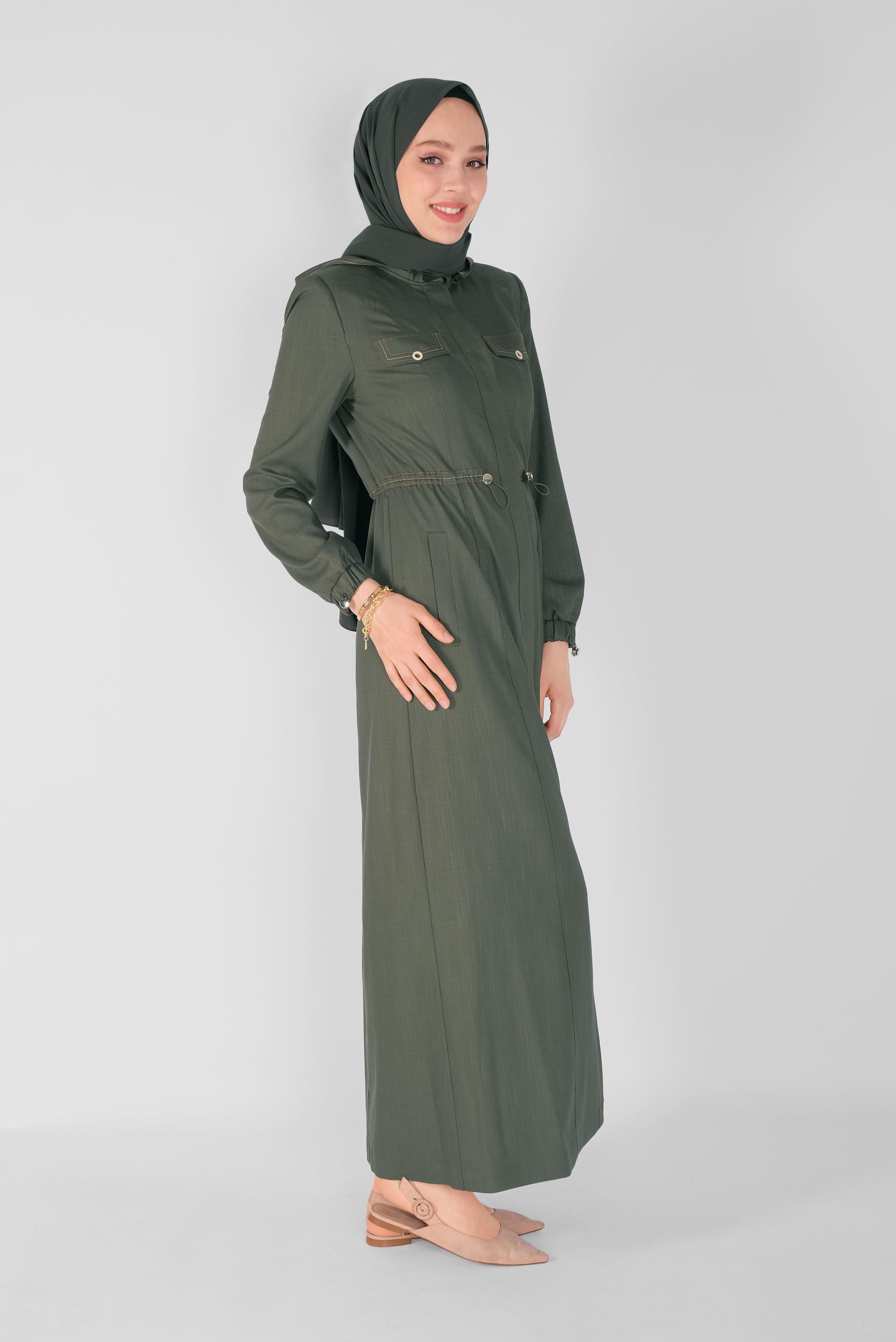 Tesettür giyim HAKİ BELİ BÜZGÜLÜ PARDESÜ 10342