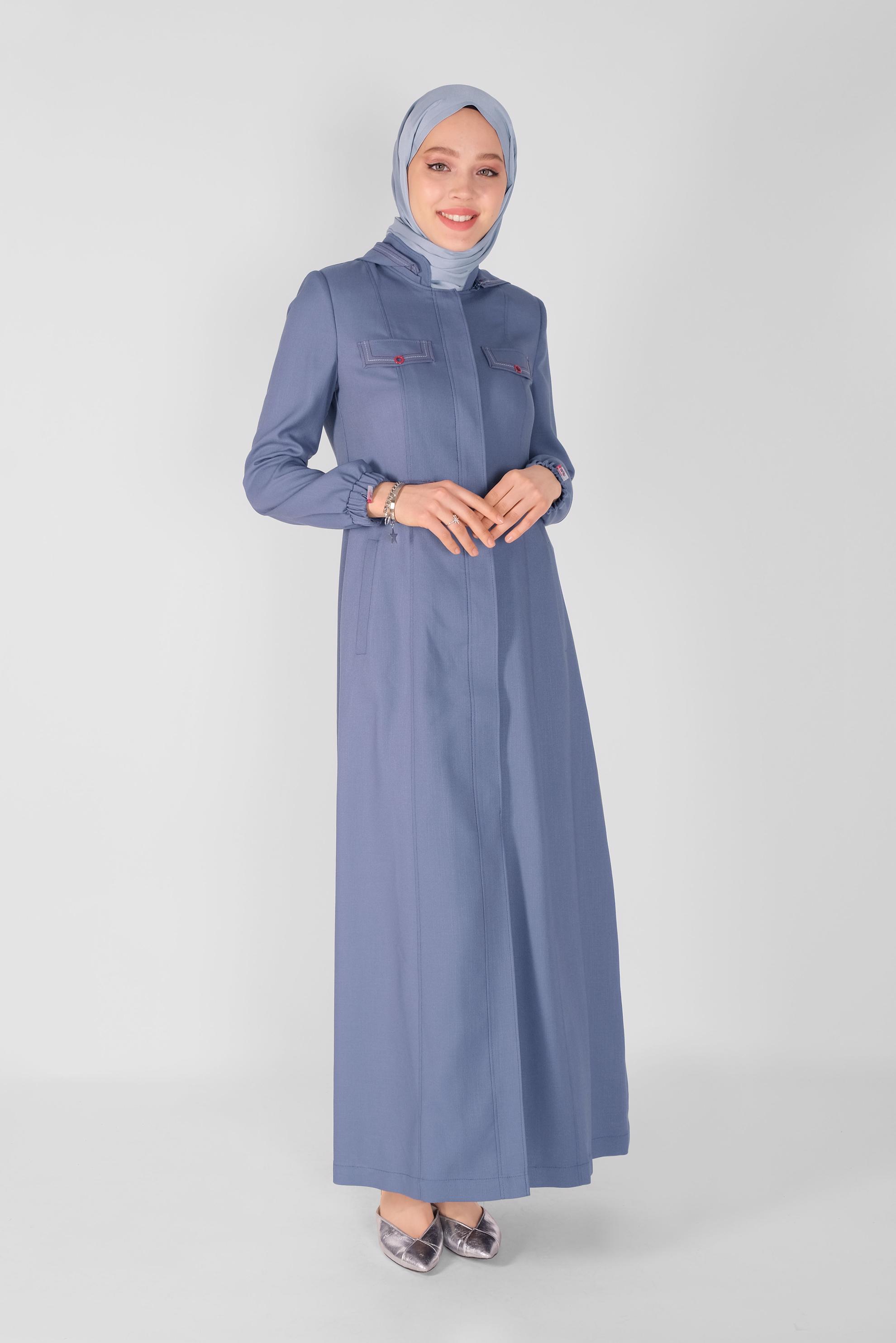 Tesettür giyim LACİVERT BELİ BÜZGÜLÜ PARDESÜ 10342