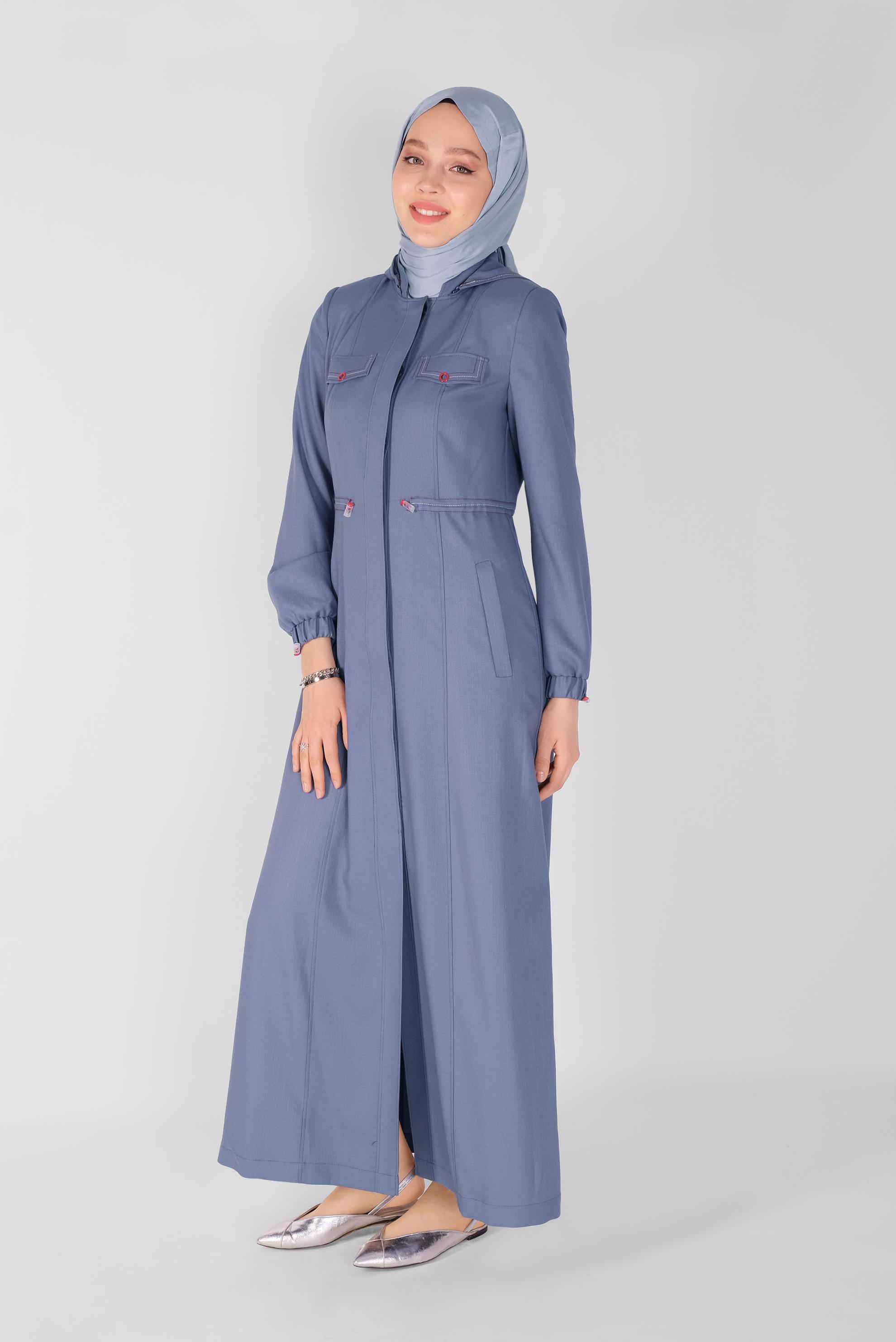 Tesettür giyim LACİVERT BELİ BÜZGÜLÜ PARDESÜ 10342