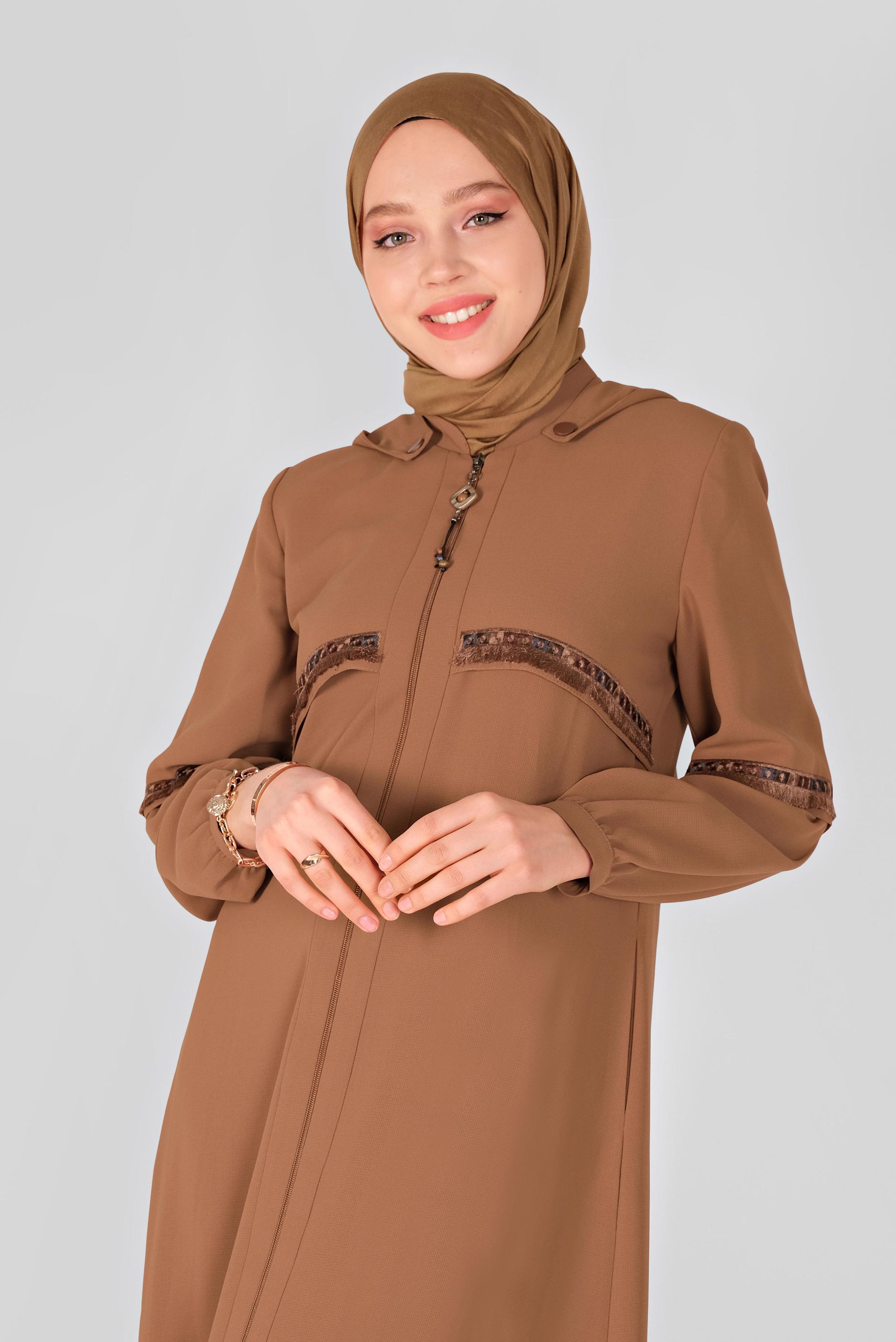 Tesettür giyim TABA PÜSKÜL VE NAKIŞ DETAYLI PARDESÜ 10350 