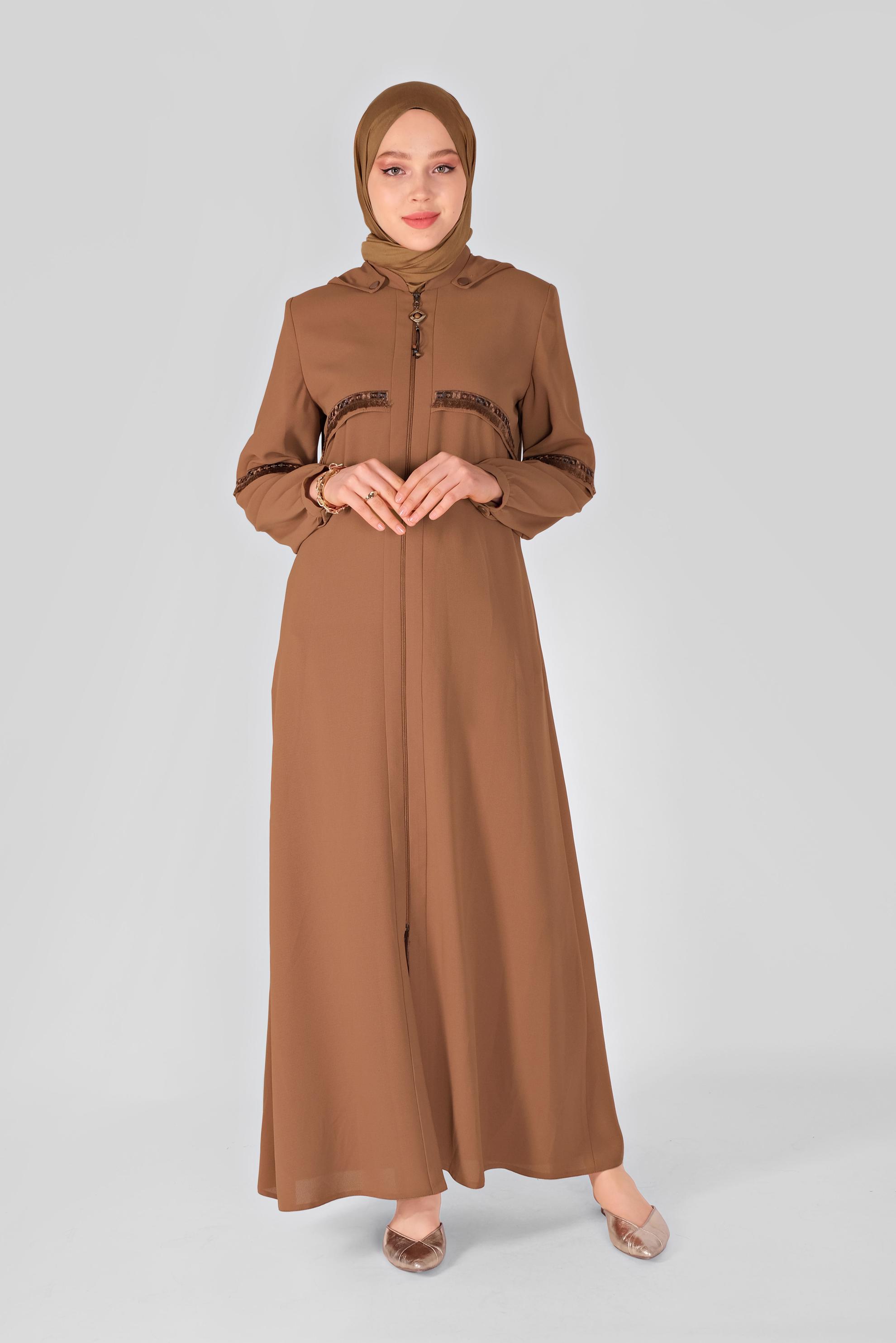 Tesettür giyim TABA PÜSKÜL VE NAKIŞ DETAYLI PARDESÜ 10350 