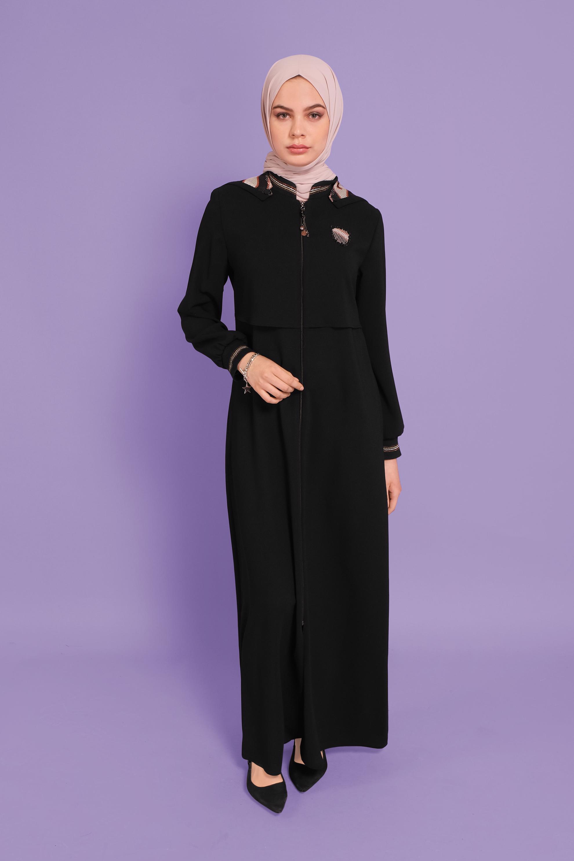 Tesettür giyim SİYAH BOYDAN FERMUARLI KAPÜŞONLU PARDESÜ 10351