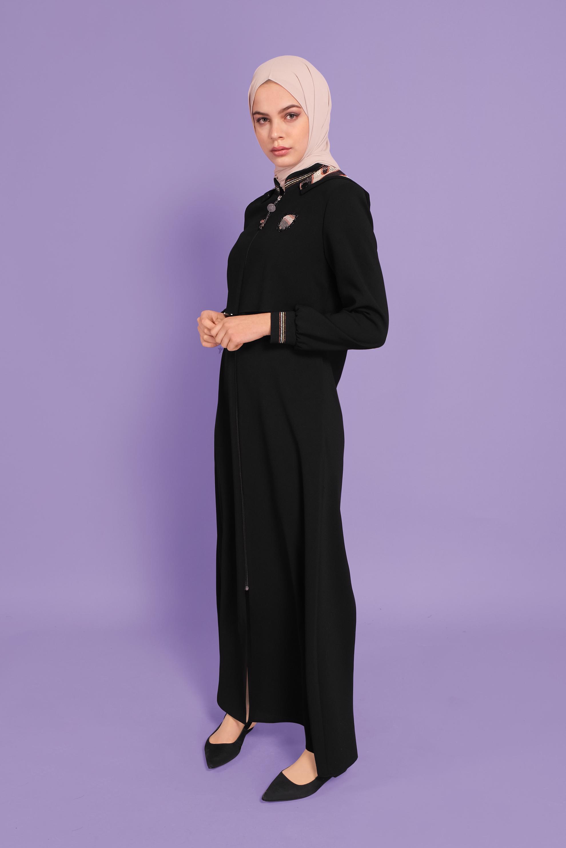 Tesettür giyim SİYAH BOYDAN FERMUARLI KAPÜŞONLU PARDESÜ 10351