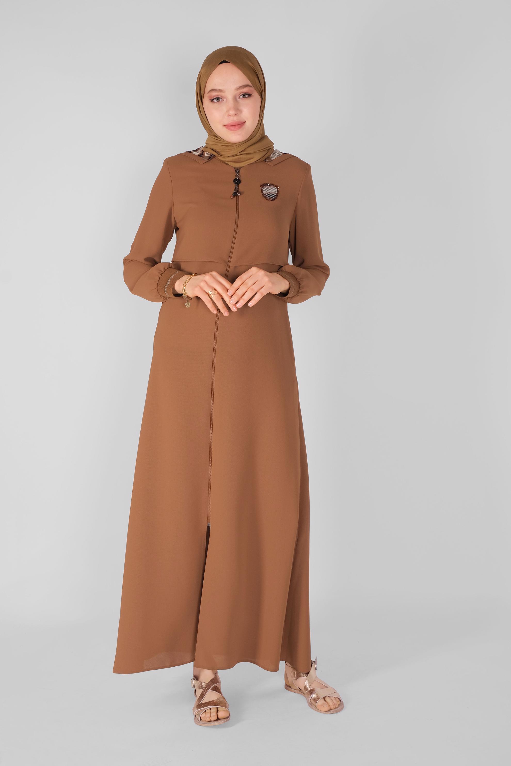 Tesettür giyim TABA BOYDAN FERMUARLI KAPÜŞONLU PARDESÜ 10351