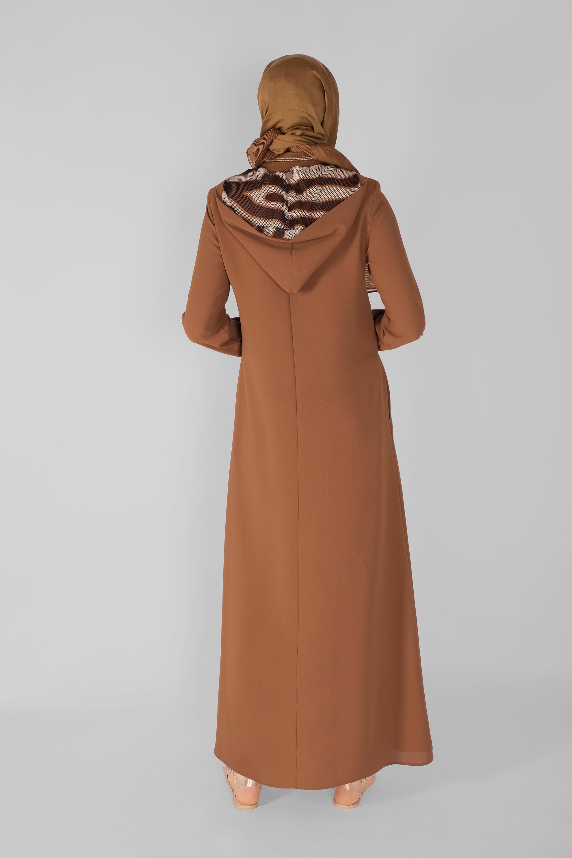 Tesettür giyim TABA BOYDAN FERMUARLI KAPÜŞONLU PARDESÜ 10351