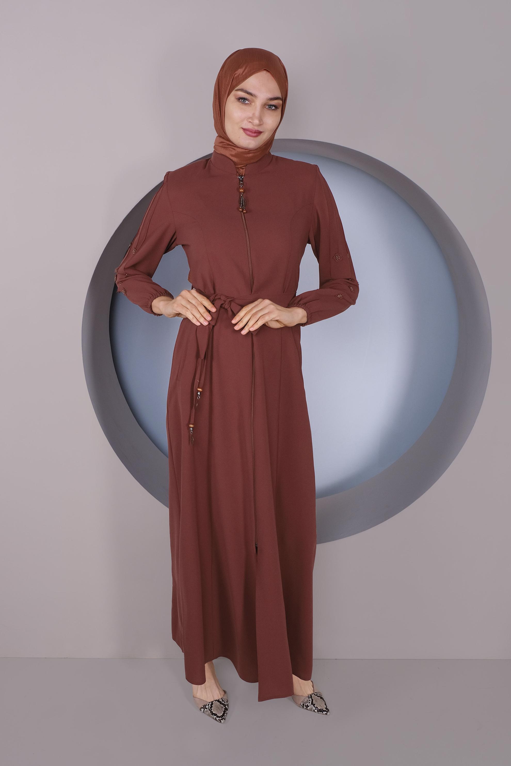 Tesettür giyim TURUNCU KOLLARI 3 BOYUTLU ÇİÇEKLİ PARDESÜ 10352