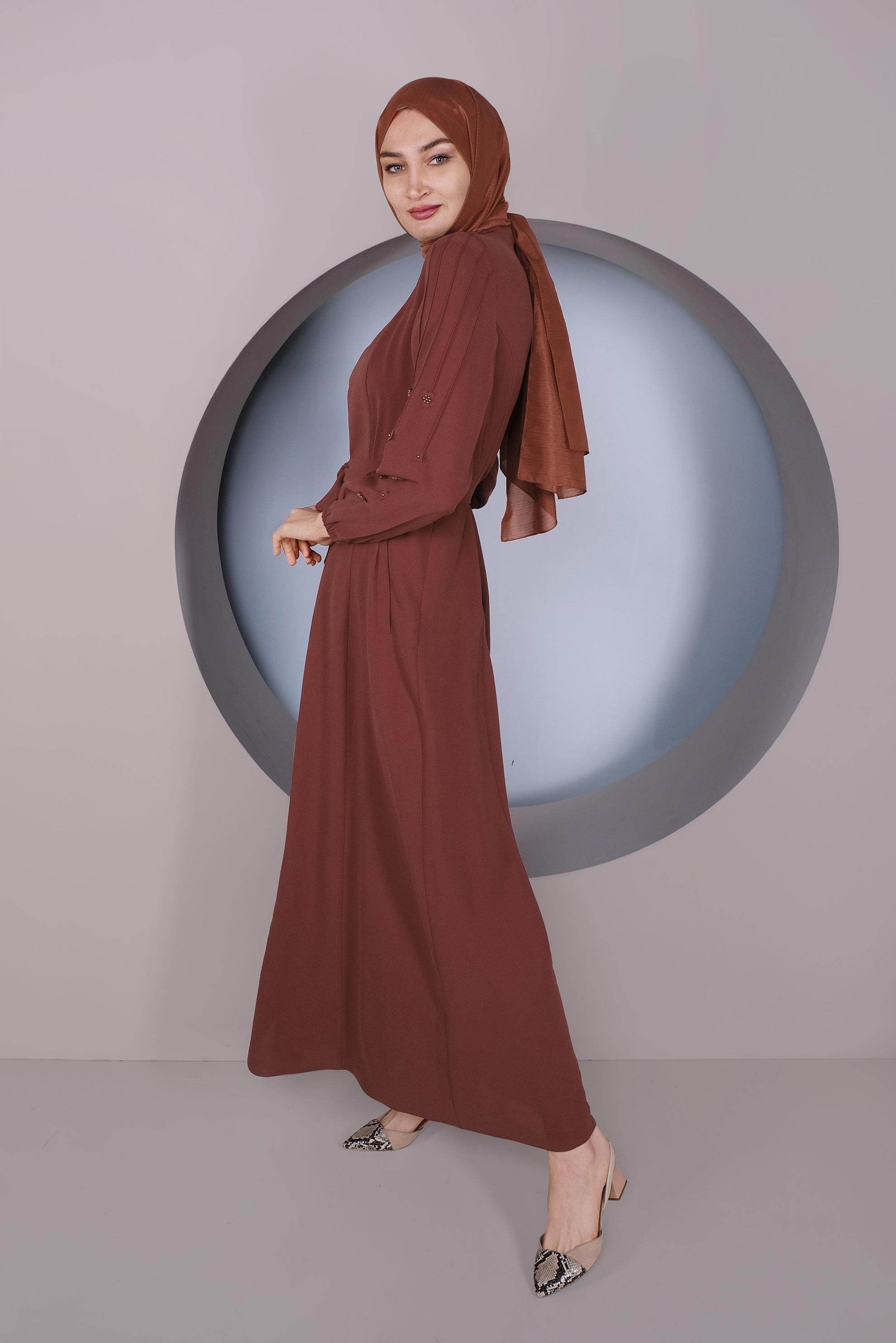 Tesettür giyim TURUNCU KOLLARI 3 BOYUTLU ÇİÇEKLİ PARDESÜ 10352