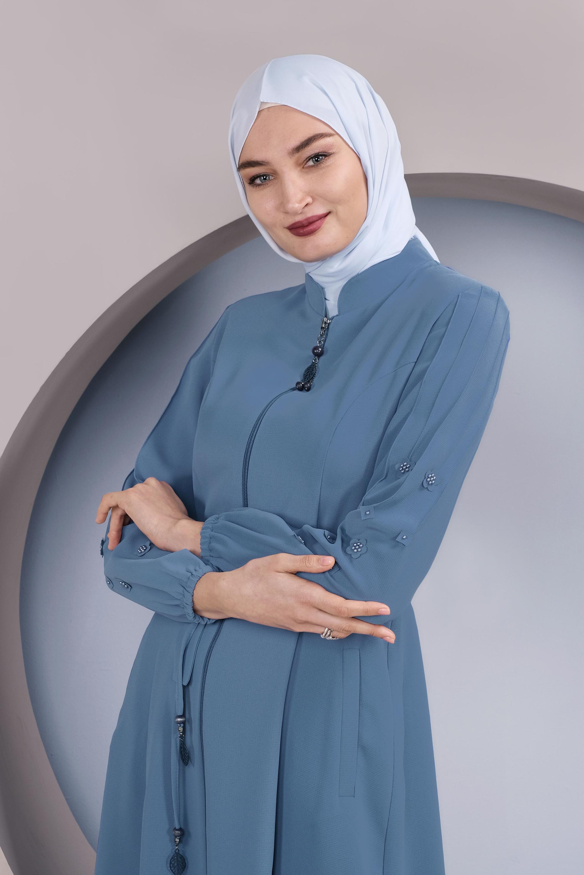 Tesettür giyim MAVİ KOLLARI 3 BOYUTLU ÇİÇEKLİ PARDESÜ 10352