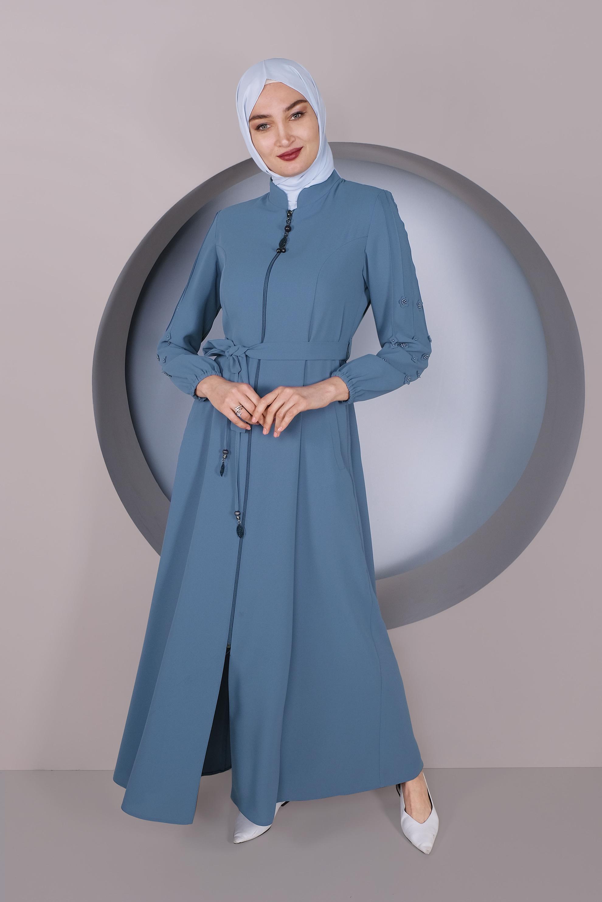 Tesettür giyim MAVİ KOLLARI 3 BOYUTLU ÇİÇEKLİ PARDESÜ 10352