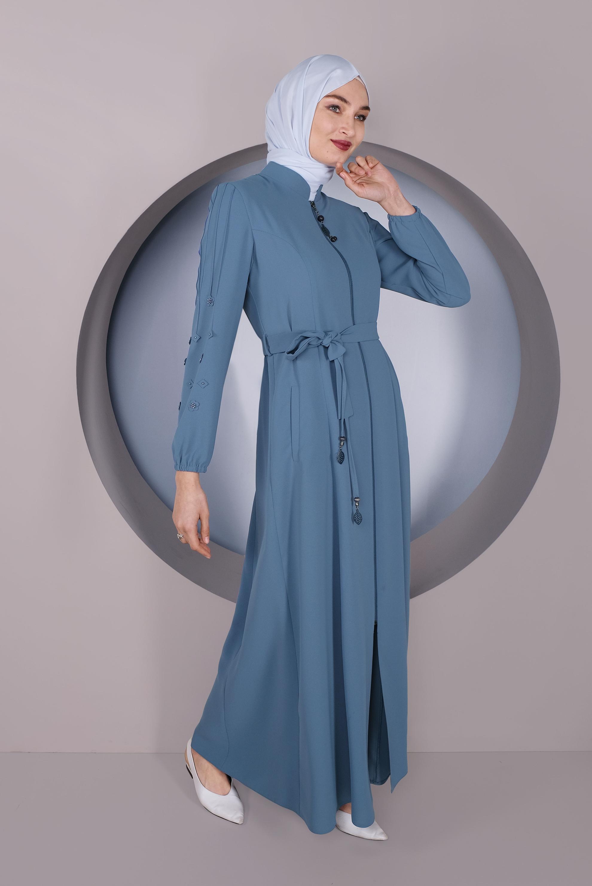 Tesettür giyim MAVİ KOLLARI 3 BOYUTLU ÇİÇEKLİ PARDESÜ 10352