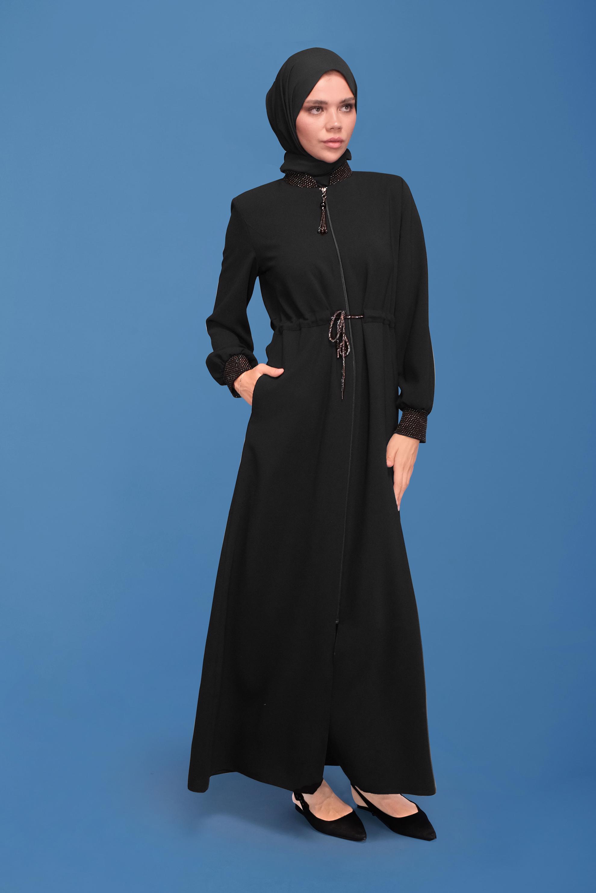 Tesettür giyim SİYAH BAĞCIKLI FERMUARLI PARDESÜ 10353 