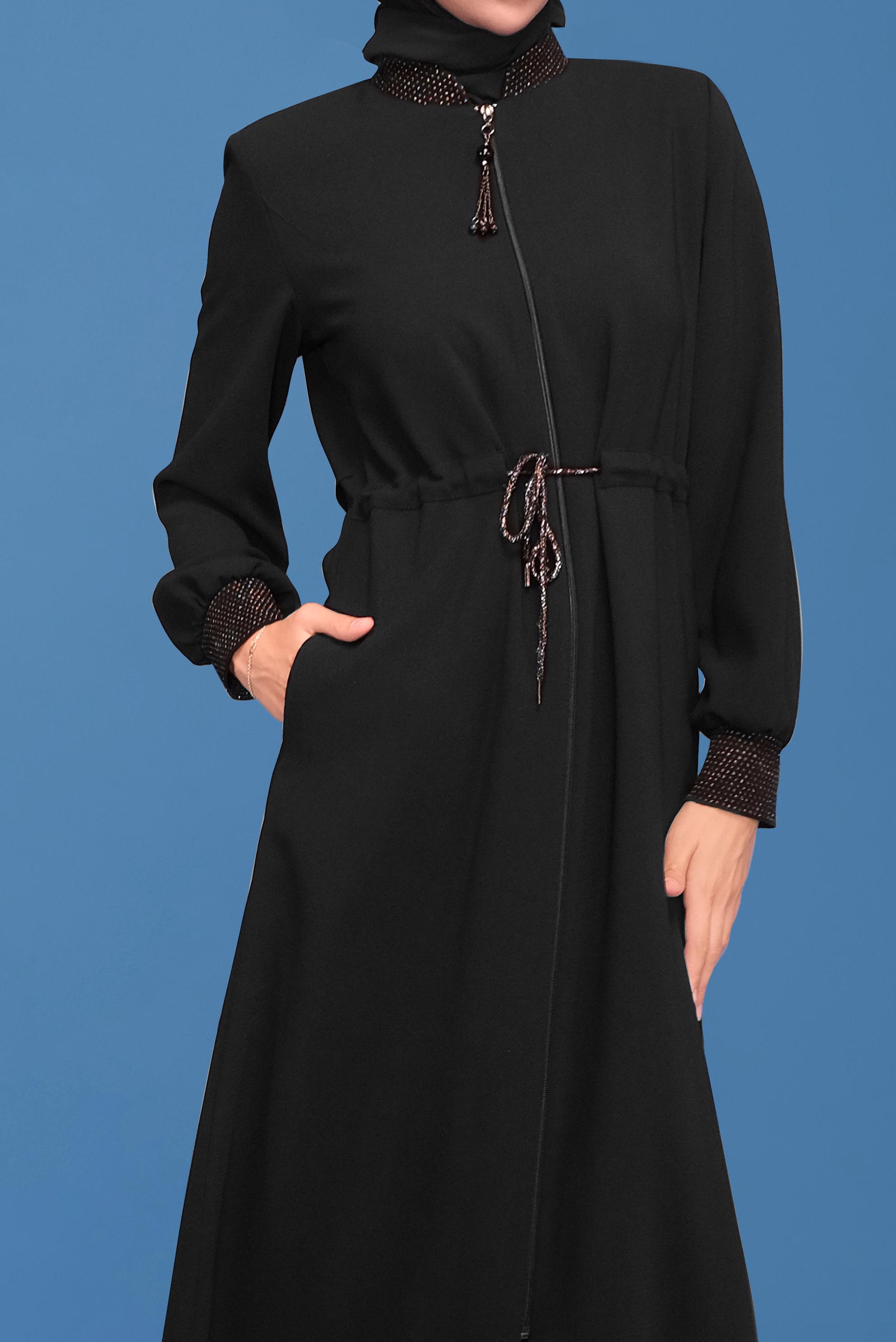 Tesettür giyim SİYAH BAĞCIKLI FERMUARLI PARDESÜ 10353 