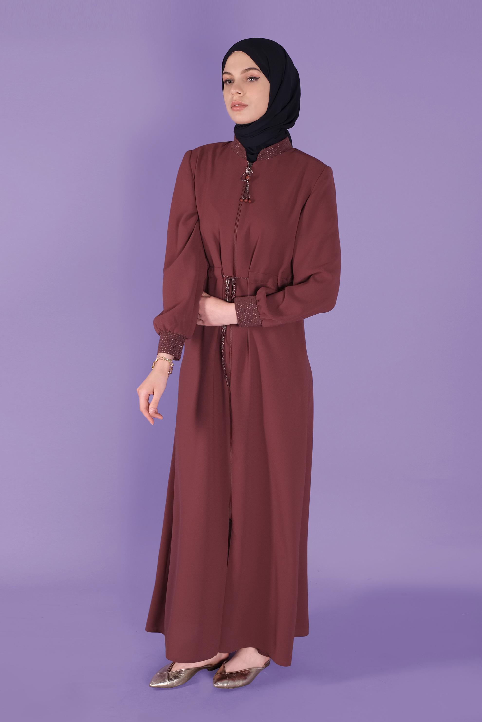 Tesettür giyim TURUNCU BAĞCIKLI FERMUARLI PARDESÜ 10353 