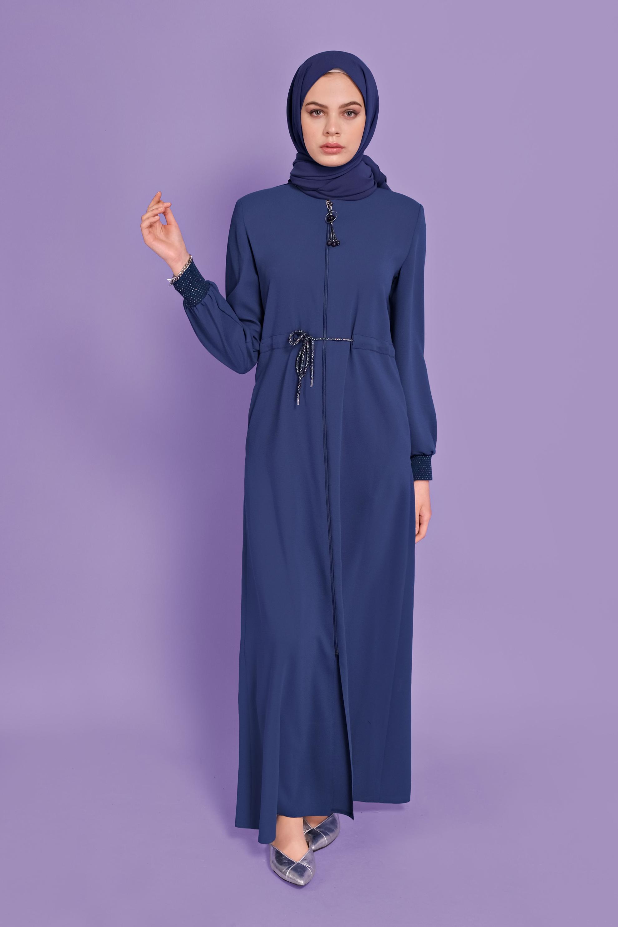 Tesettür giyim LACİVERT BAĞCIKLI FERMUARLI PARDESÜ 10353 