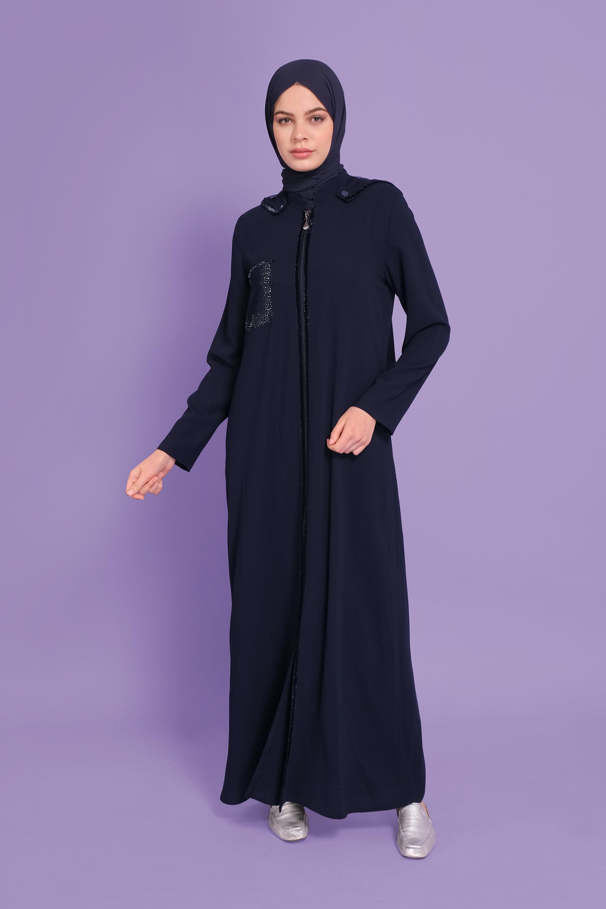 Tesettür giyim LACİVERT FİLE VE TAŞ DETAYLI PARDESÜ 10354 