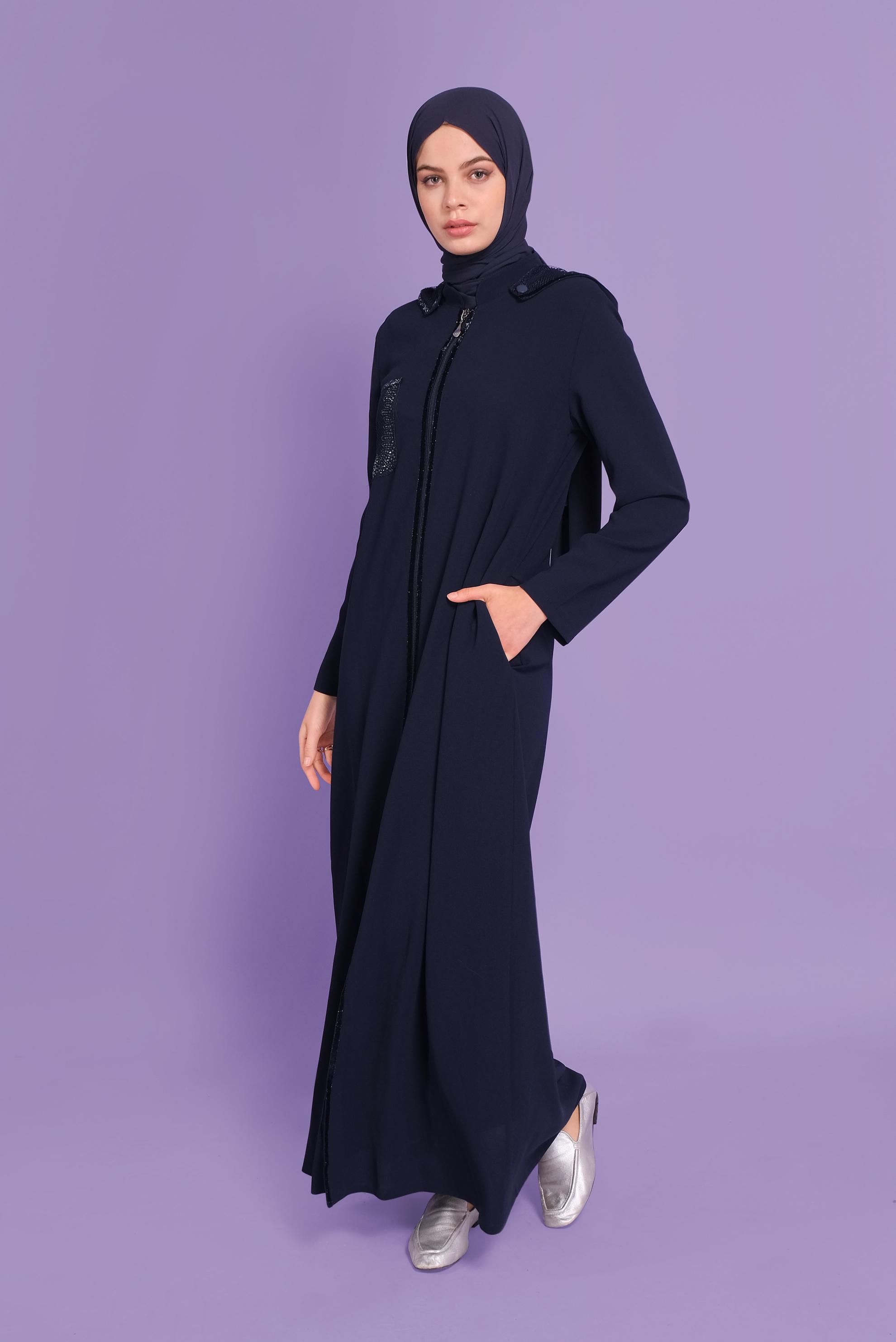 Tesettür giyim LACİVERT FİLE VE TAŞ DETAYLI PARDESÜ 10354 