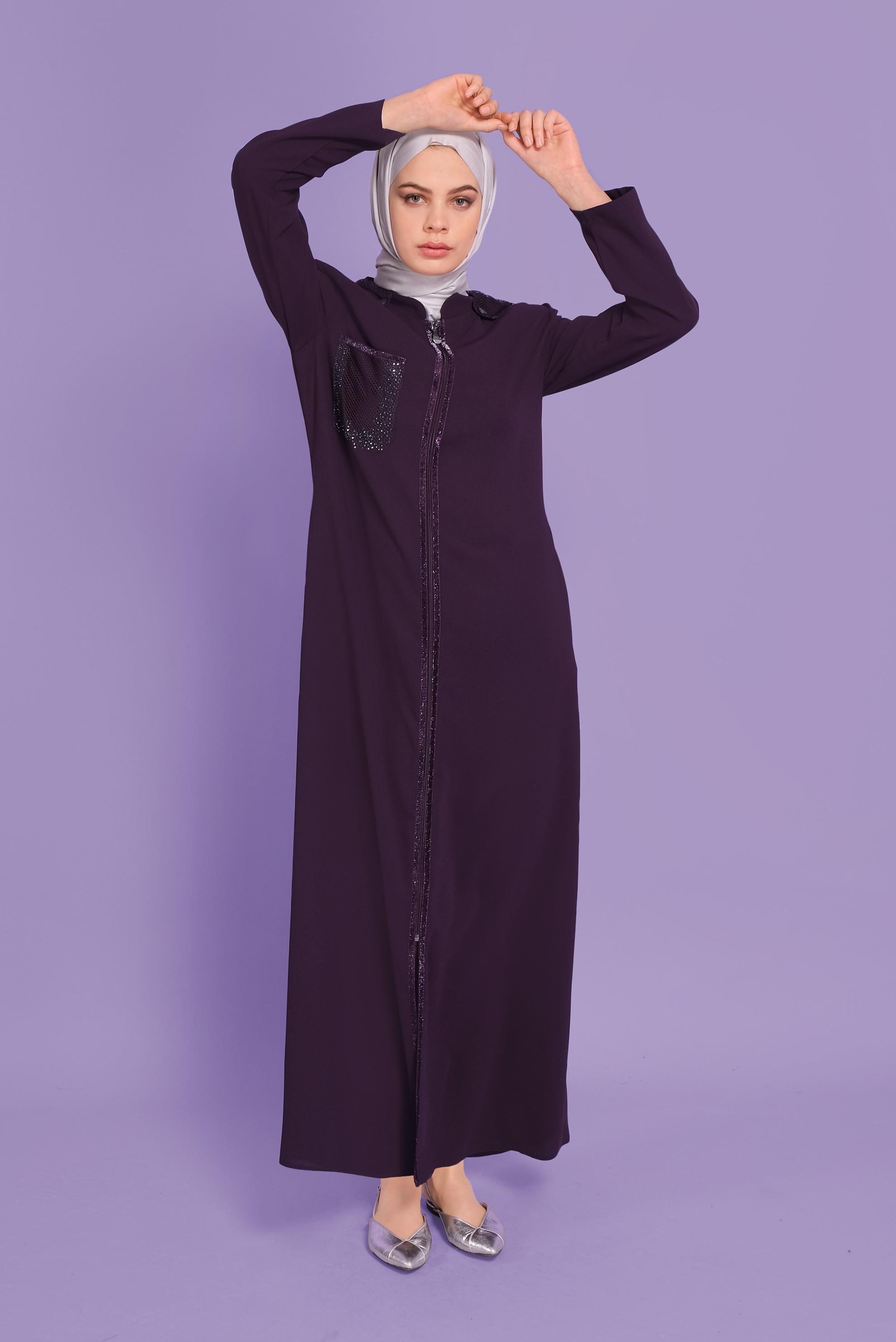 Tesettür giyim MÜRDÜM FİLE VE TAŞ DETAYLI PARDESÜ 10354 