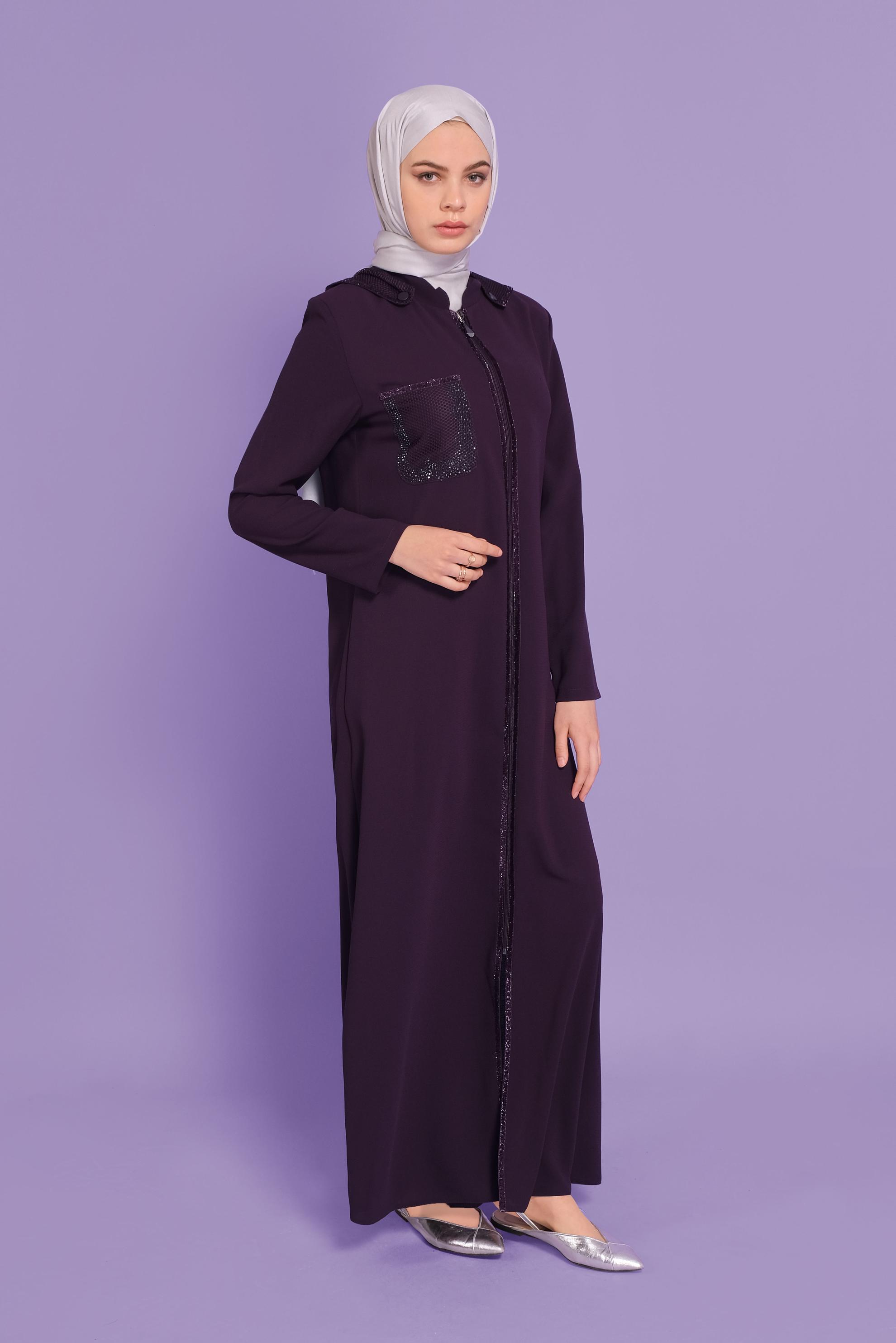 Tesettür giyim MÜRDÜM FİLE VE TAŞ DETAYLI PARDESÜ 10354 