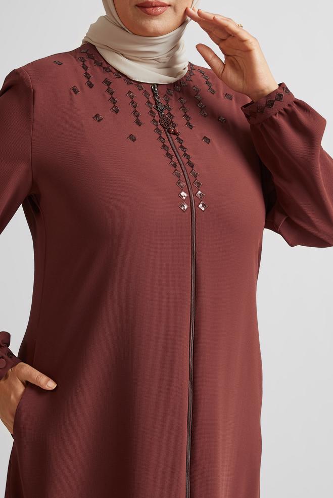 Vêtements hijab ORANGE COUCHE DE FINITION BRODÉE À FERMETURE ÉCLAIR 10355 - ALVİNA